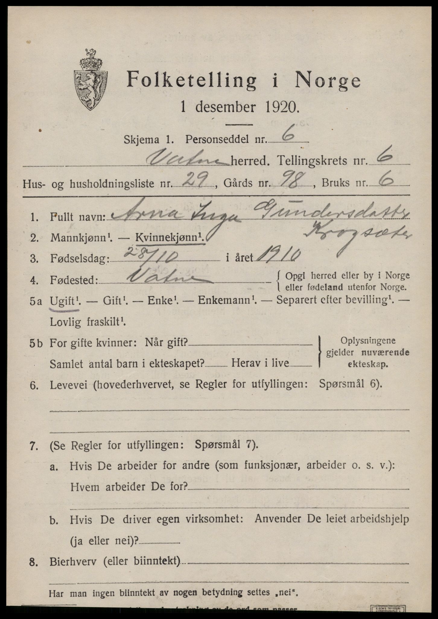 SAT, 1920 census for Vatne, 1920, p. 3106