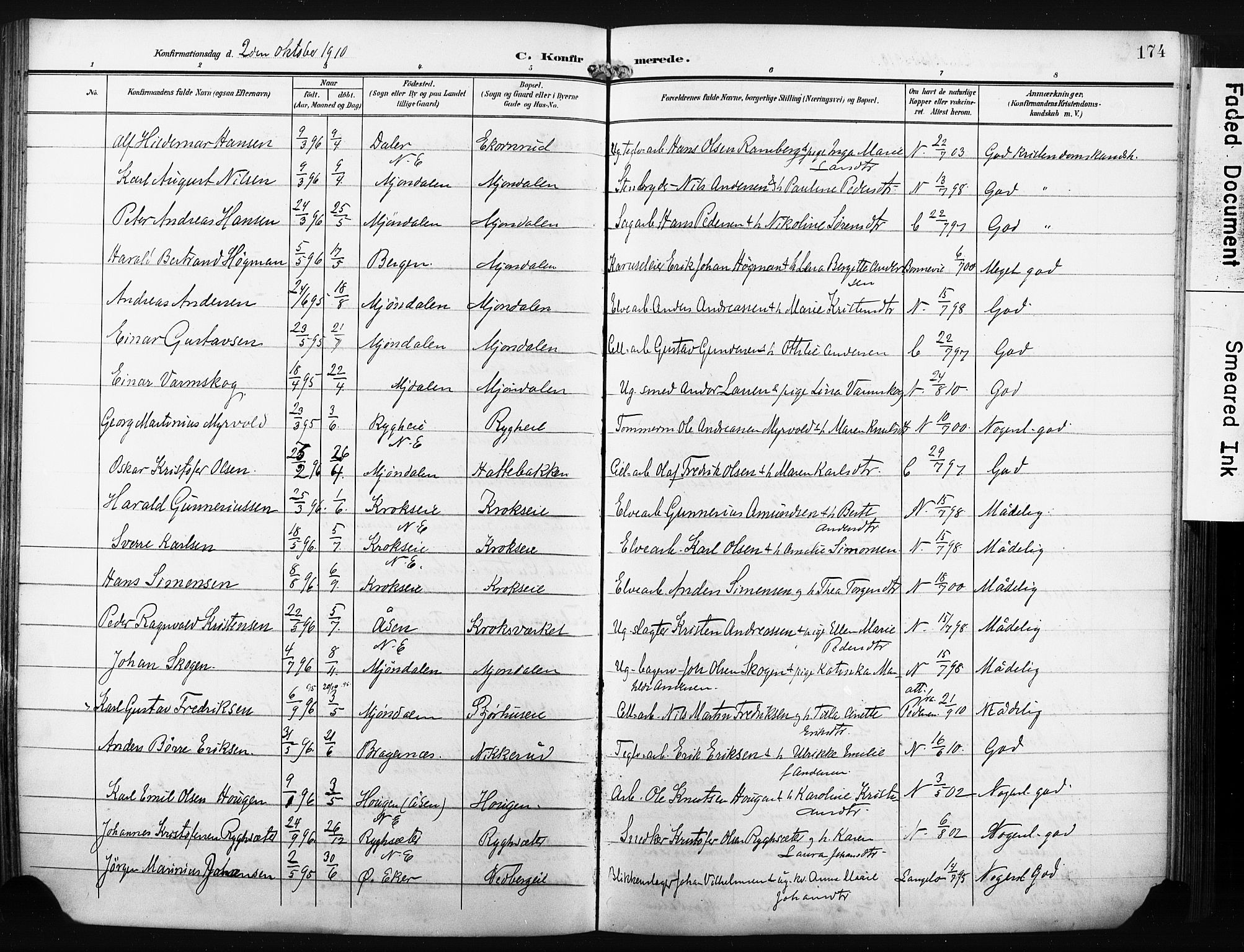 Nedre Eiker kirkebøker, AV/SAKO-A-612/F/Fa/L0006: Parish register (official) no. 6, 1906-1912, p. 174