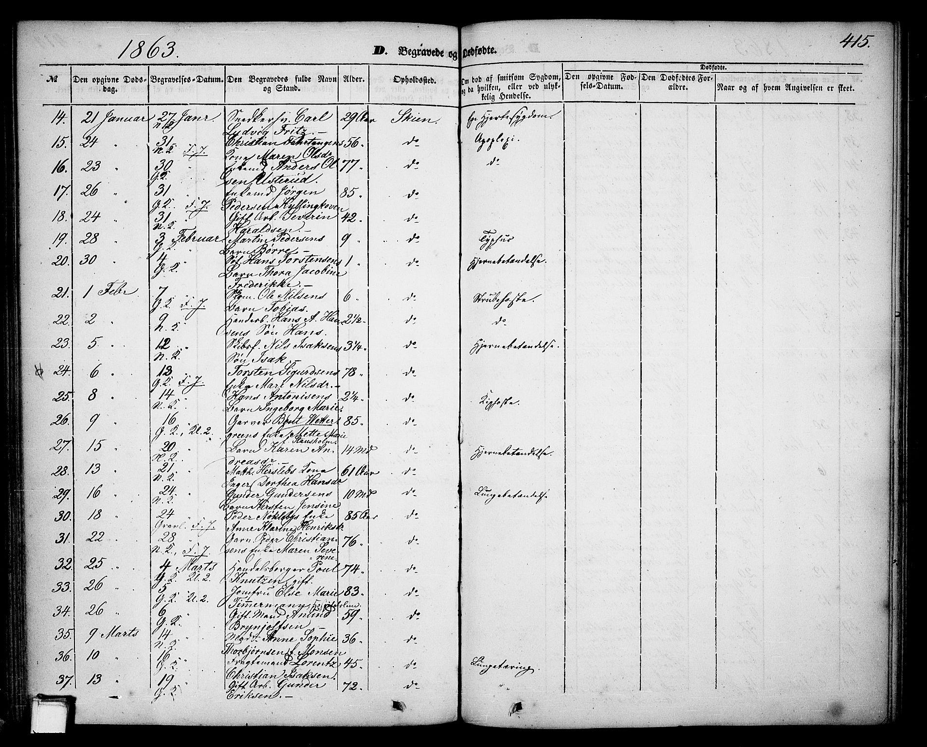 Skien kirkebøker, AV/SAKO-A-302/G/Ga/L0004: Parish register (copy) no. 4, 1843-1867, p. 415