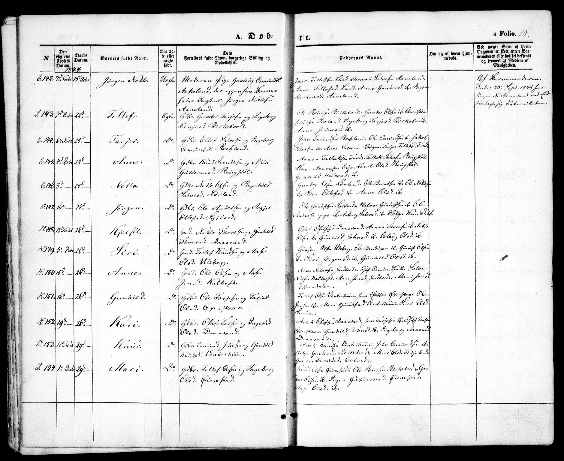 Evje sokneprestkontor, AV/SAK-1111-0008/F/Fa/Faa/L0005: Parish register (official) no. A 5, 1843-1865, p. 20