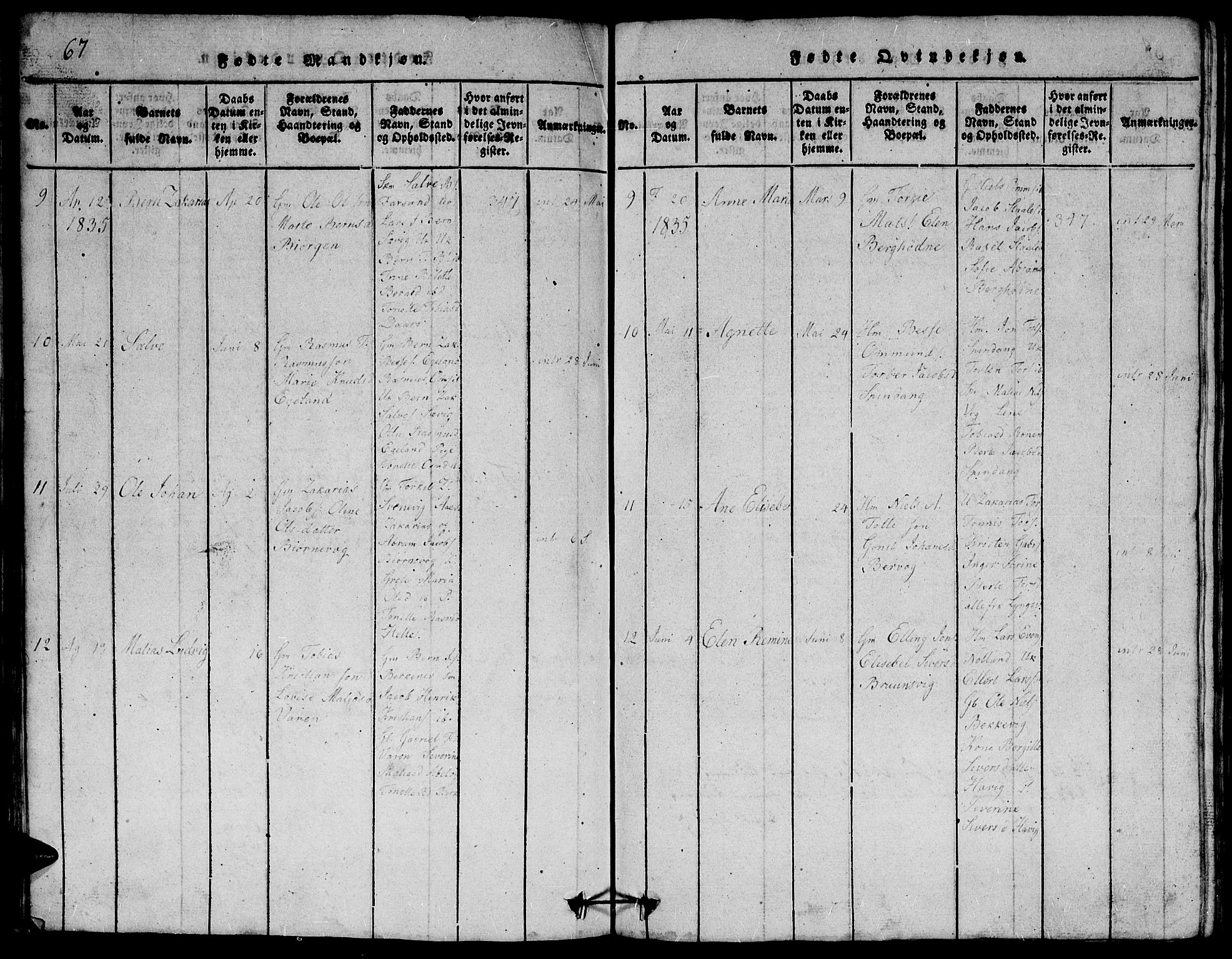 Herad sokneprestkontor, AV/SAK-1111-0018/F/Fb/Fbb/L0001: Parish register (copy) no. B 1, 1815-1852, p. 67