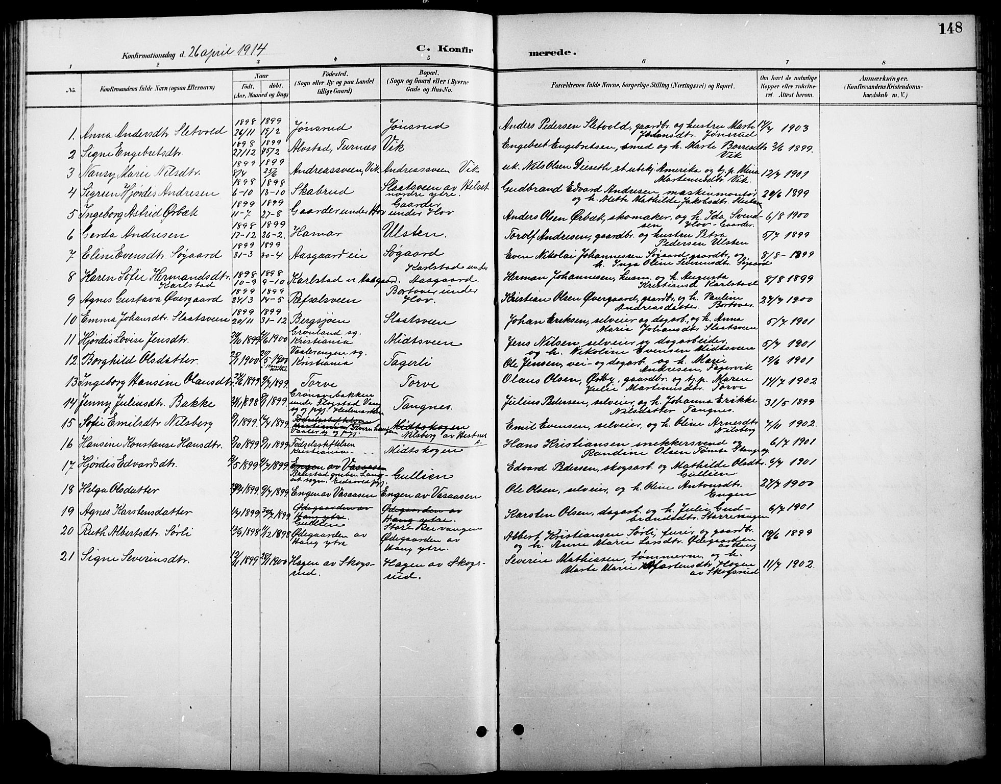 Stange prestekontor, SAH/PREST-002/L/L0011: Parish register (copy) no. 11, 1895-1917, p. 148