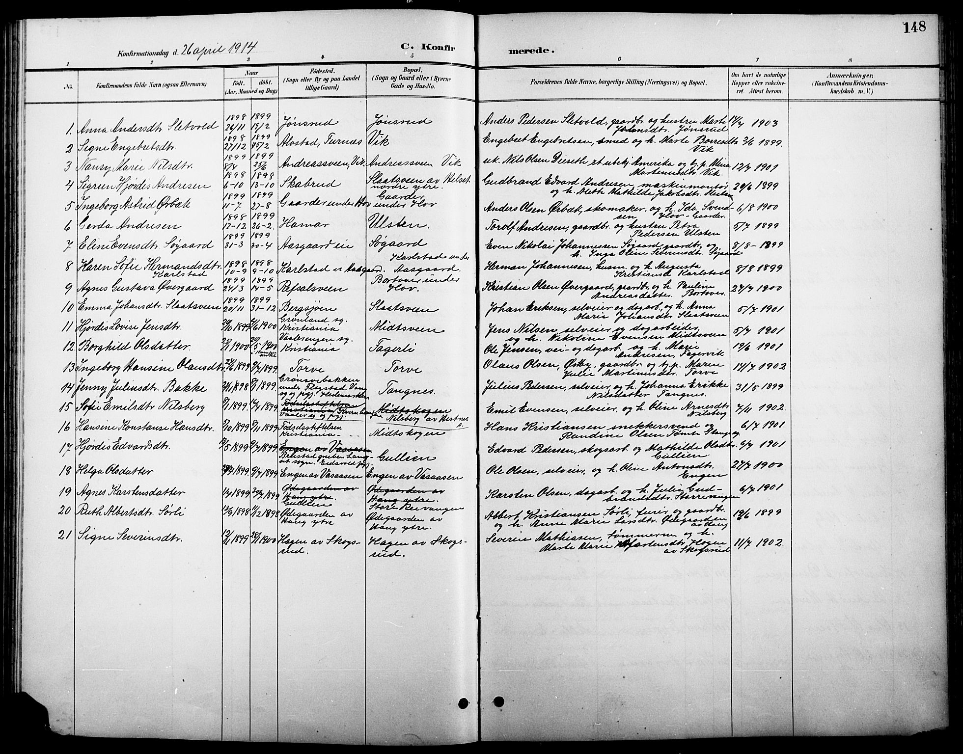 Stange prestekontor, AV/SAH-PREST-002/L/L0011: Parish register (copy) no. 11, 1895-1917, p. 148