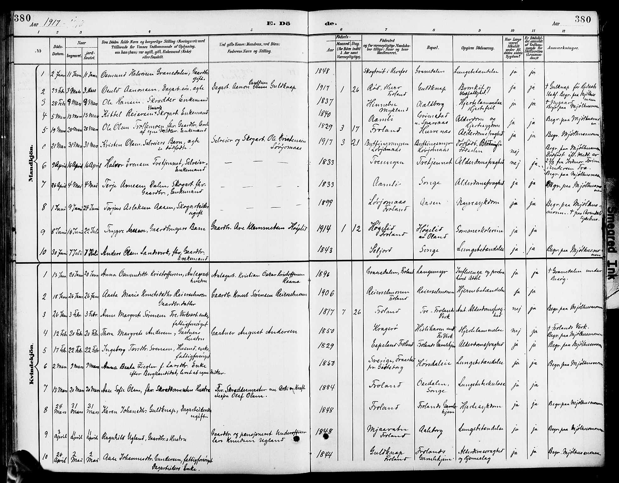 Froland sokneprestkontor, SAK/1111-0013/F/Fb/L0010: Parish register (copy) no. B 10, 1893-1920, p. 380