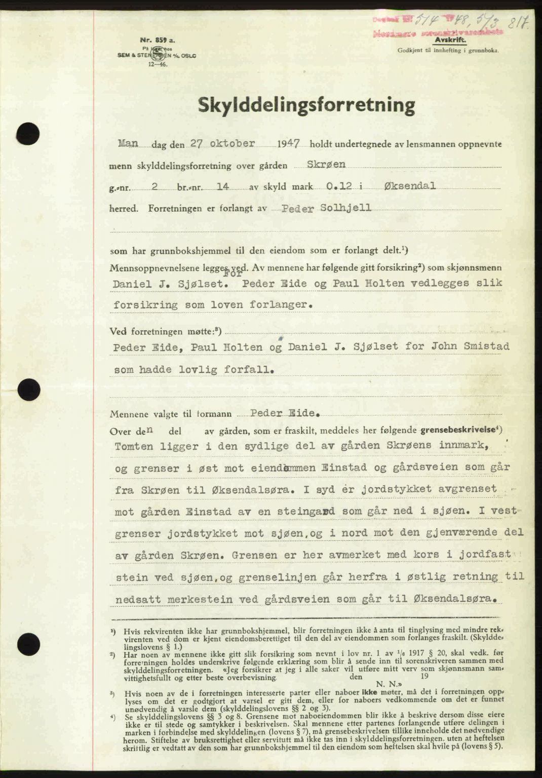 Nordmøre sorenskriveri, AV/SAT-A-4132/1/2/2Ca: Mortgage book no. A107, 1947-1948, Diary no: : 514/1948