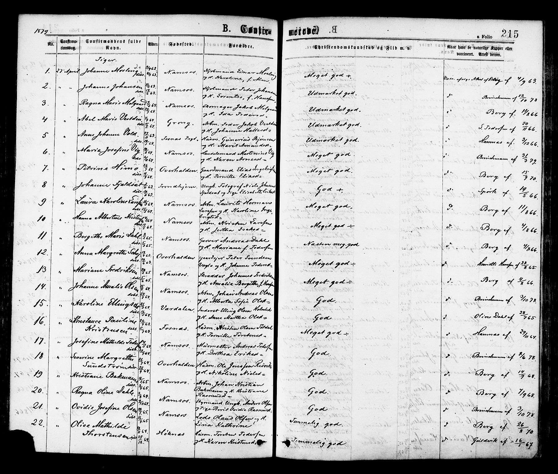 Ministerialprotokoller, klokkerbøker og fødselsregistre - Nord-Trøndelag, AV/SAT-A-1458/768/L0572: Parish register (official) no. 768A07, 1874-1886, p. 215