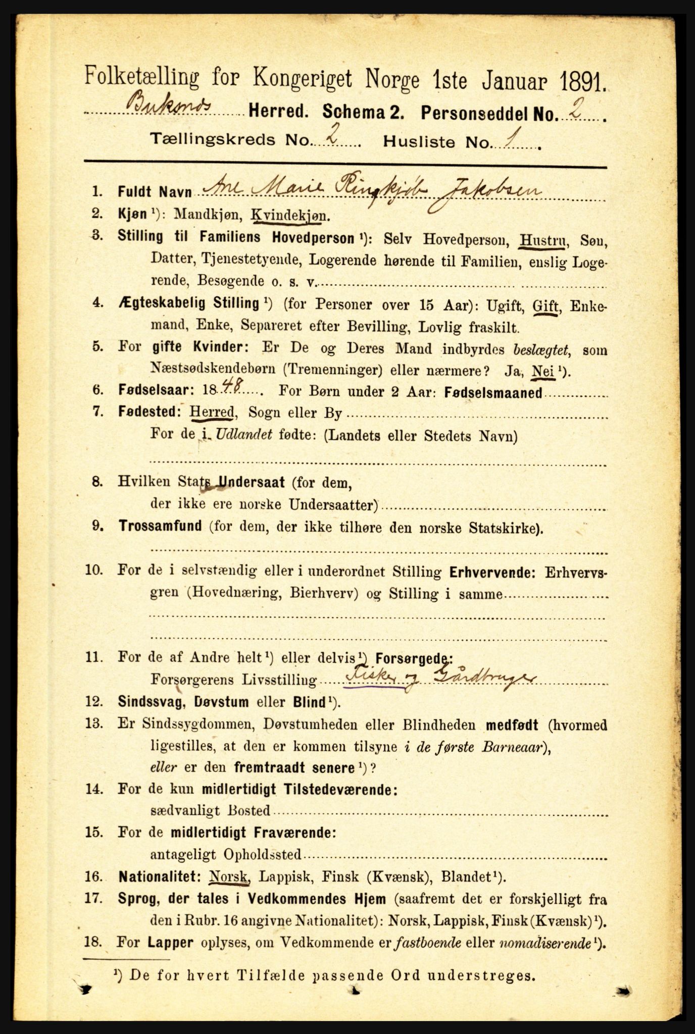 RA, 1891 census for 1860 Buksnes, 1891, p. 1595