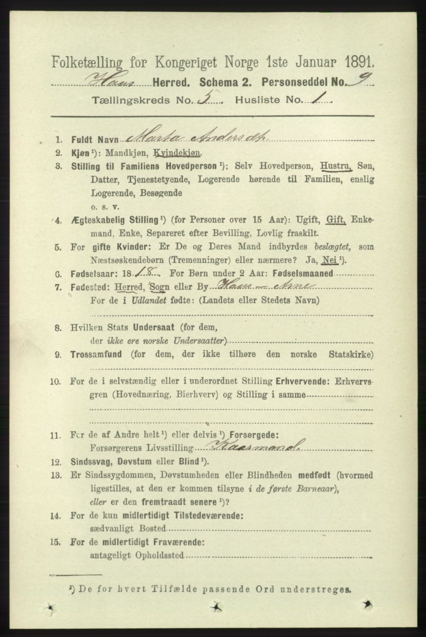 RA, 1891 census for 1250 Haus, 1891, p. 1830