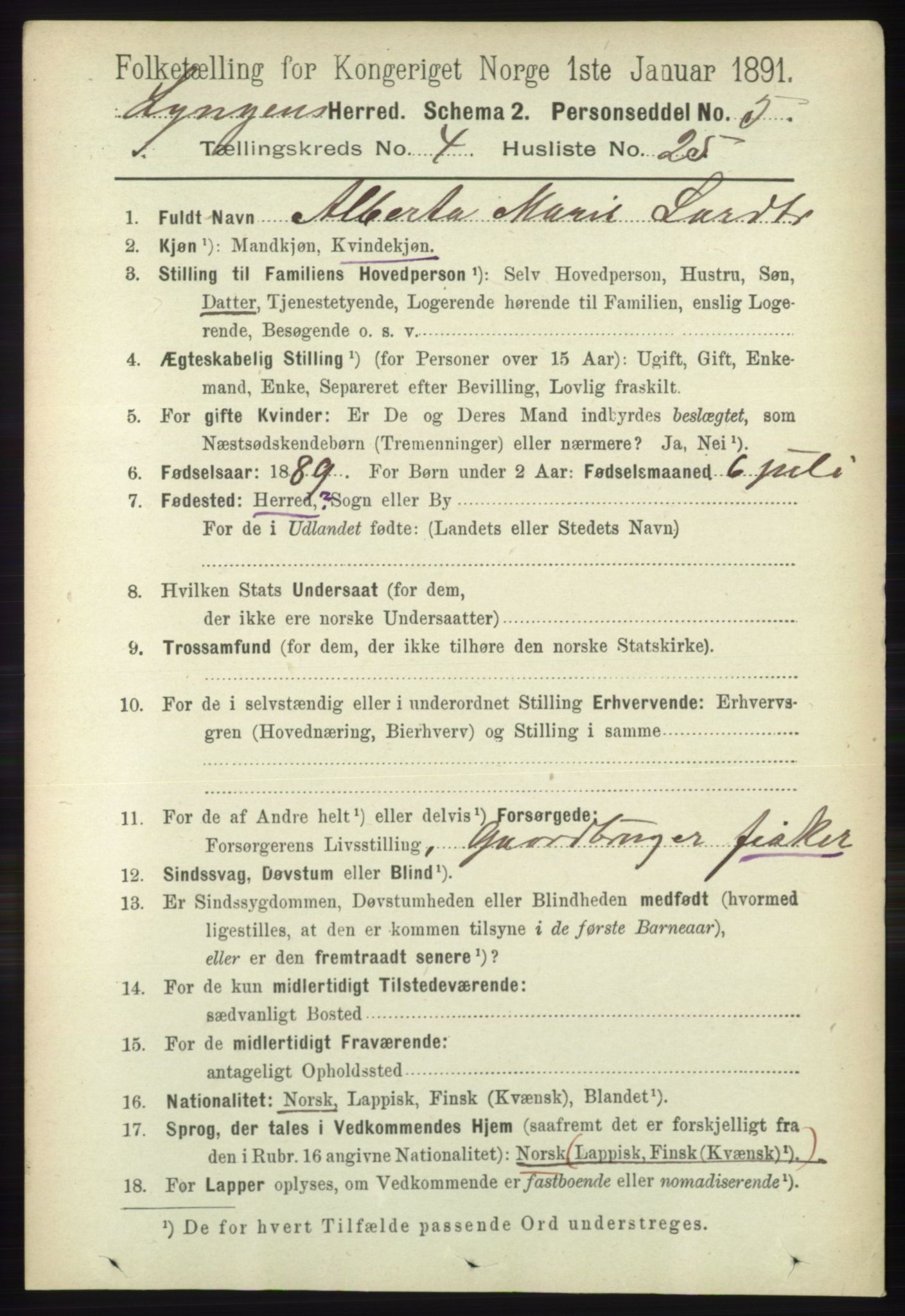 RA, 1891 census for 1938 Lyngen, 1891, p. 3869