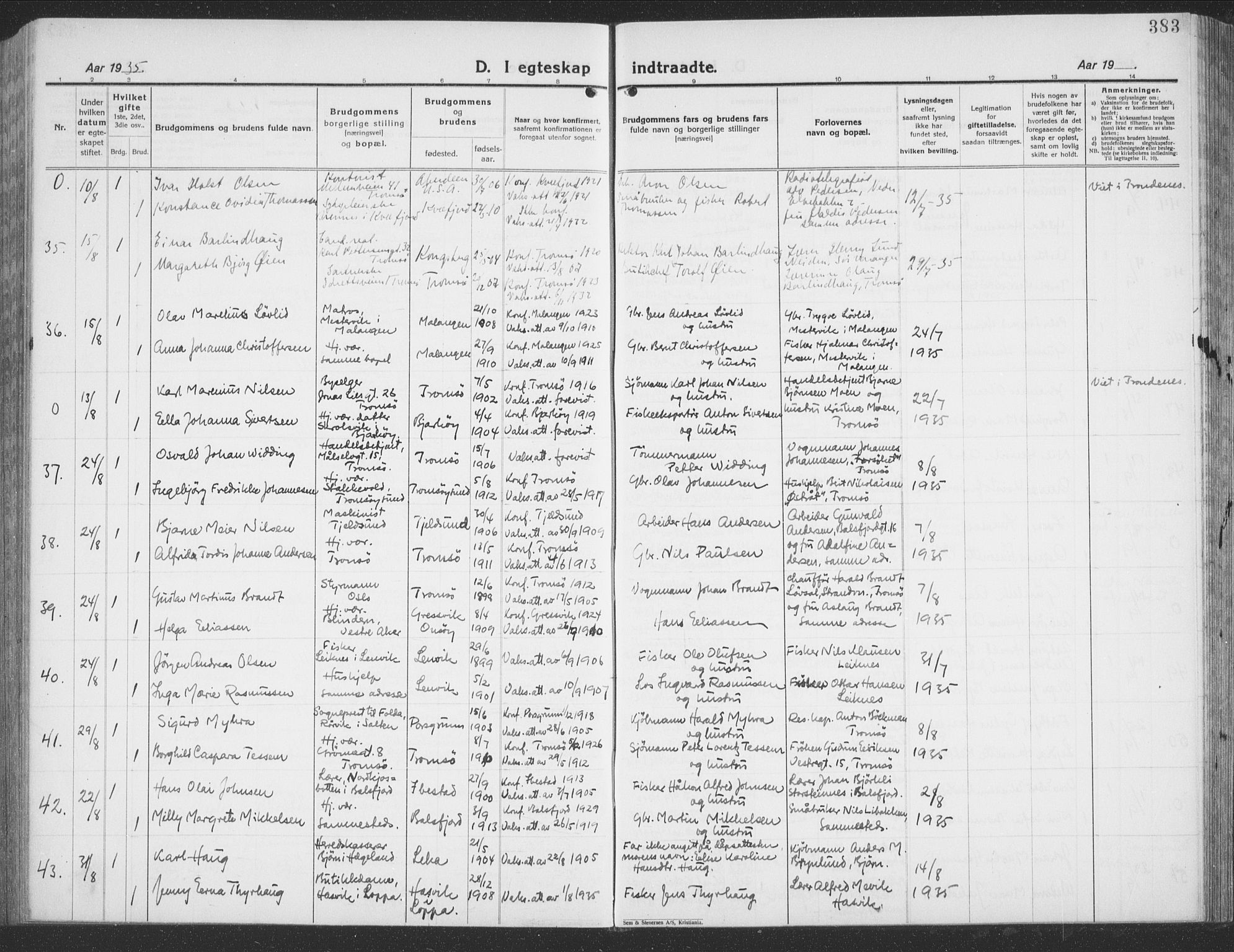 Tromsø sokneprestkontor/stiftsprosti/domprosti, AV/SATØ-S-1343/G/Gb/L0010klokker: Parish register (copy) no. 10, 1925-1937, p. 383