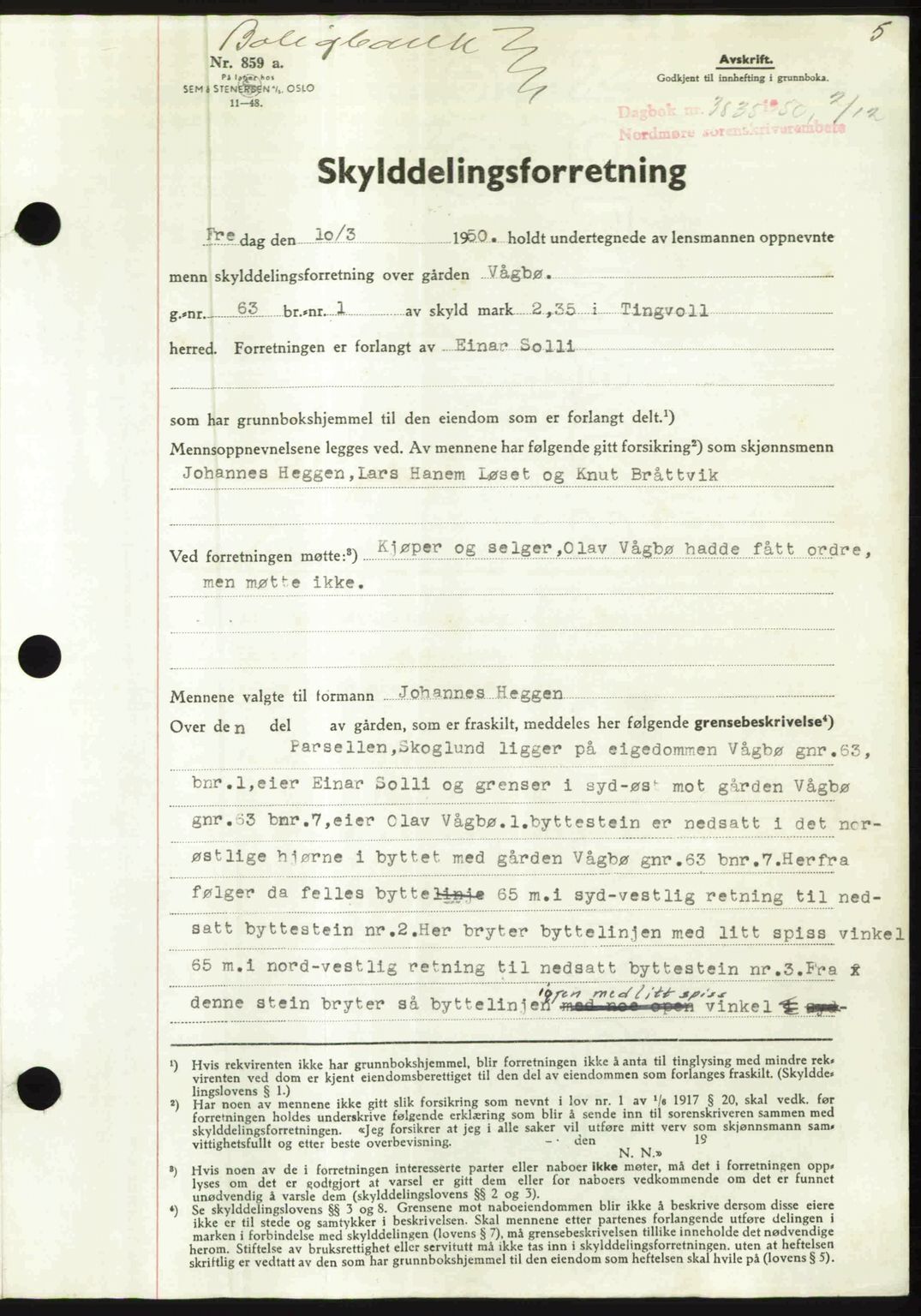 Nordmøre sorenskriveri, AV/SAT-A-4132/1/2/2Ca: Mortgage book no. A117, 1950-1950, Diary no: : 3835/1950