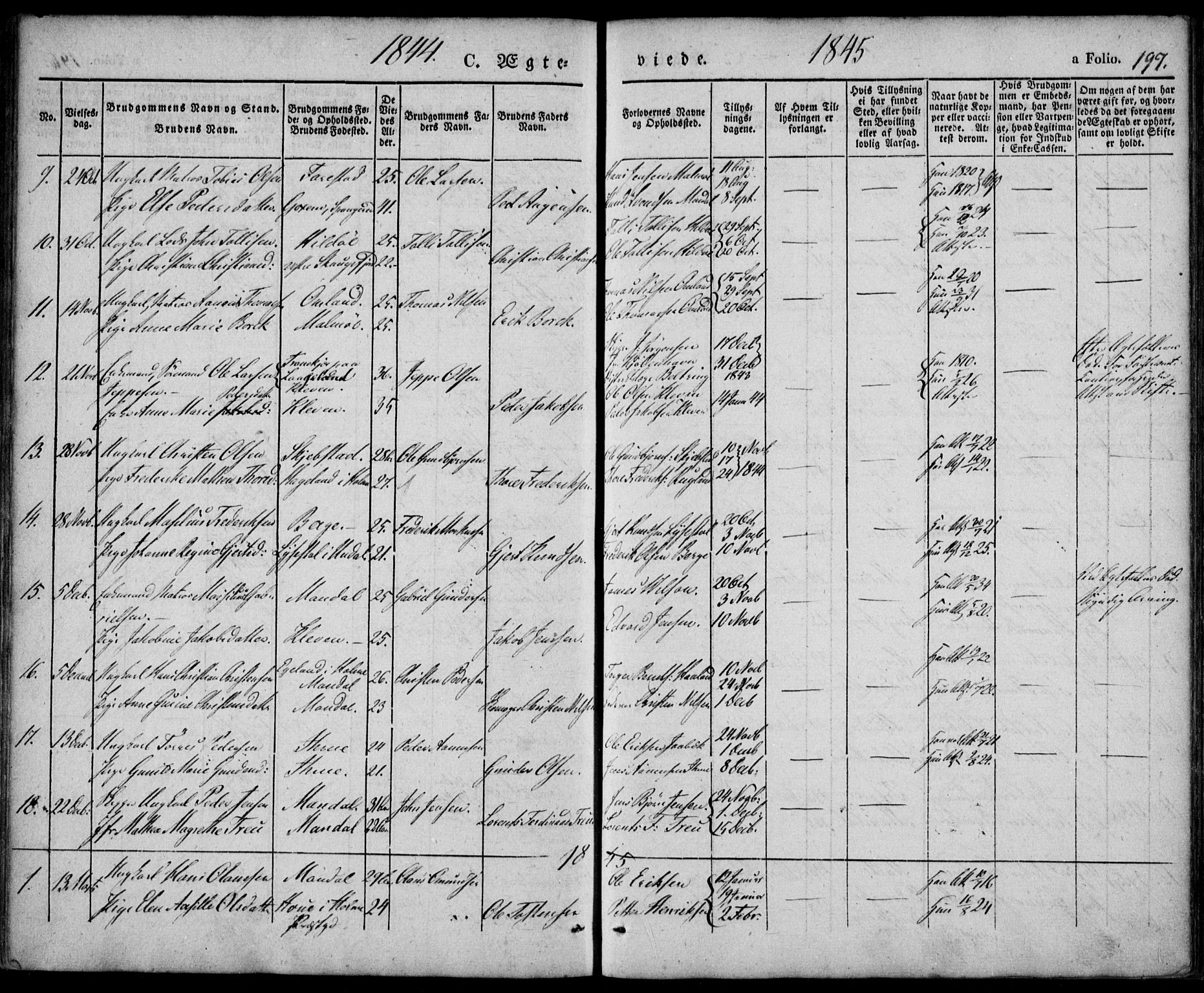 Mandal sokneprestkontor, SAK/1111-0030/F/Fa/Faa/L0012: Parish register (official) no. A 12, 1840-1847, p. 197