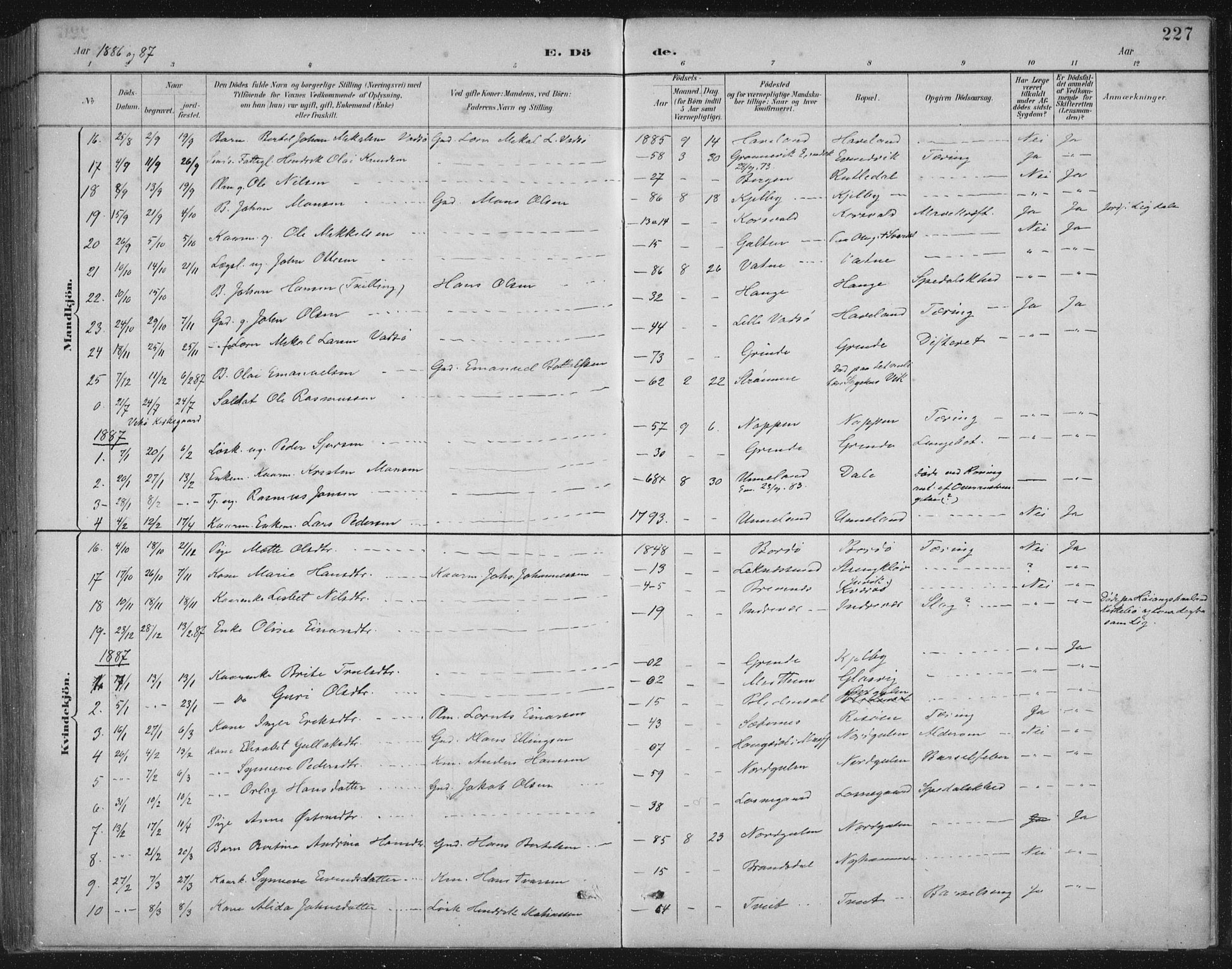 Gulen sokneprestembete, SAB/A-80201/H/Hab/Habb/L0003: Parish register (copy) no. B 3, 1884-1907, p. 227