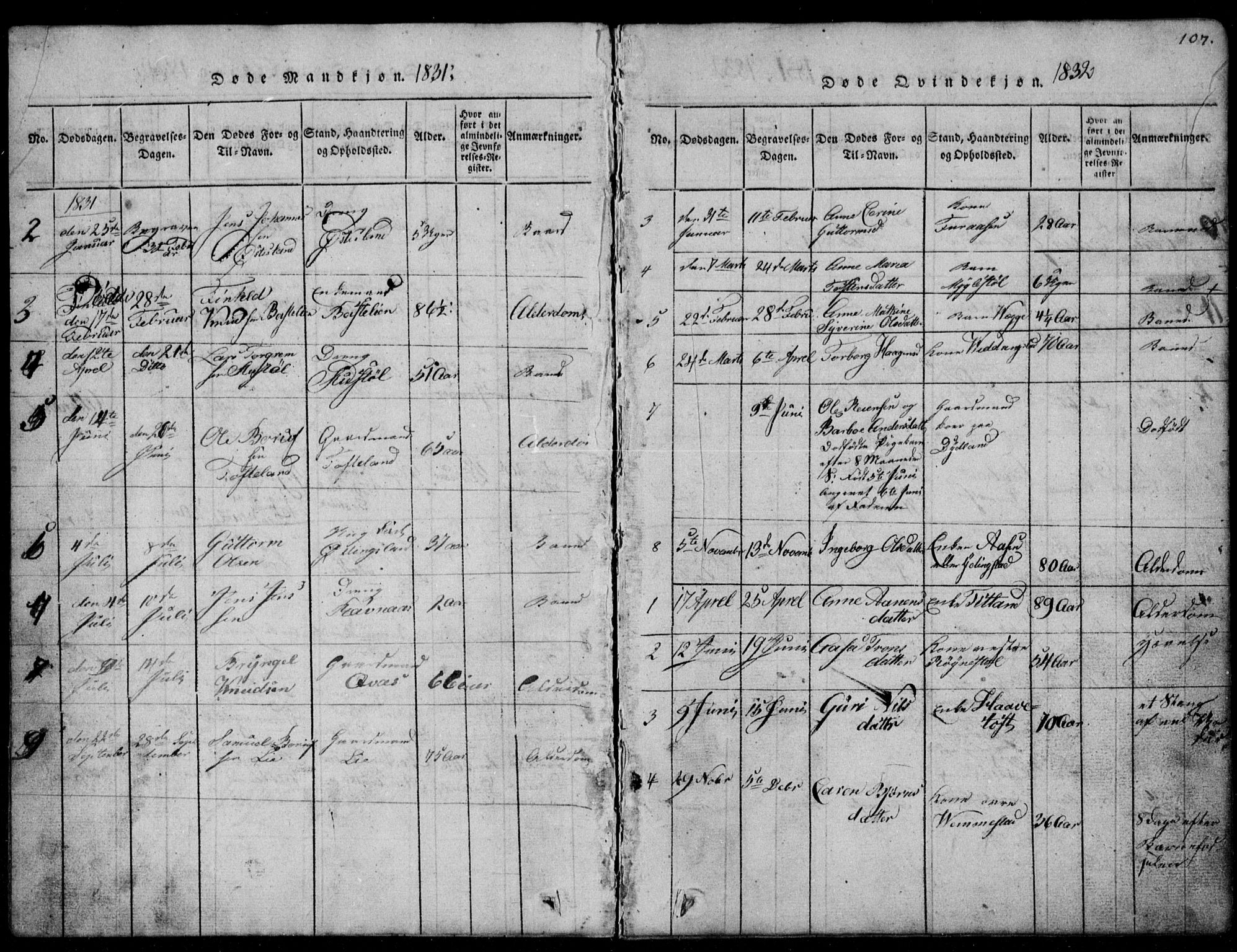 Lyngdal sokneprestkontor, AV/SAK-1111-0029/F/Fb/Fbb/L0001: Parish register (copy) no. B 1, 1816-1900, p. 107