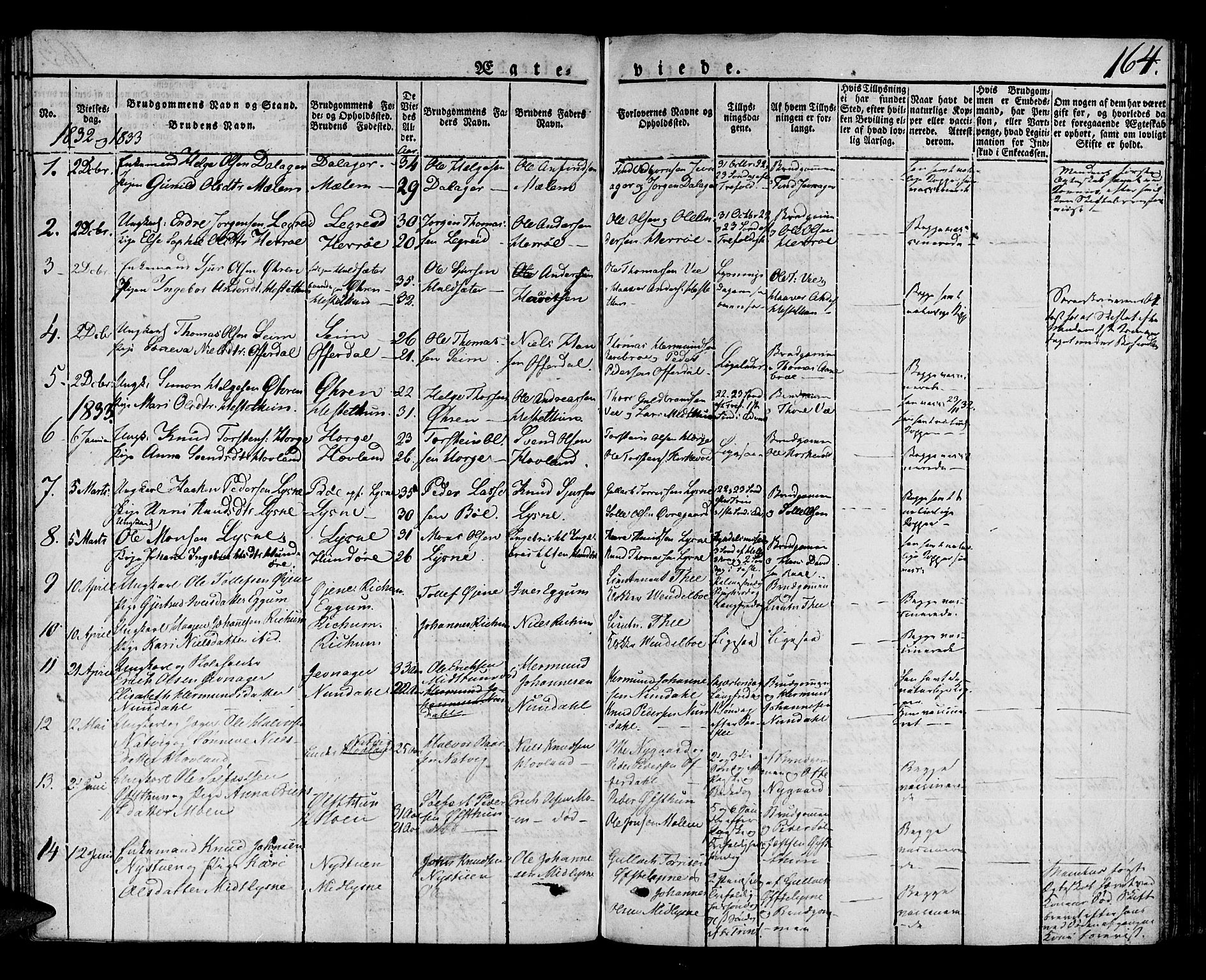 Lærdal sokneprestembete, SAB/A-81201: Parish register (official) no. A 5, 1822-1834, p. 164