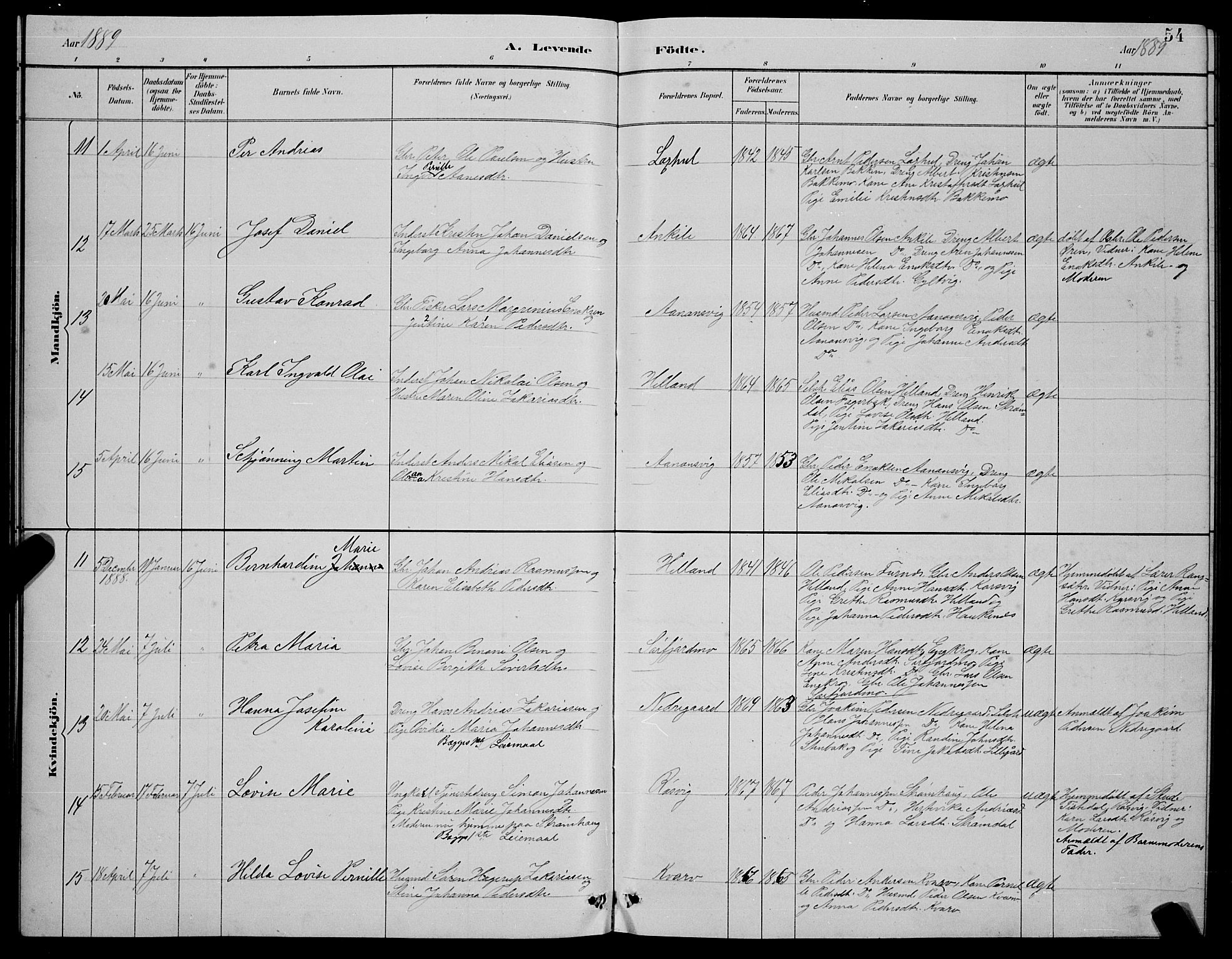 Ministerialprotokoller, klokkerbøker og fødselsregistre - Nordland, AV/SAT-A-1459/854/L0785: Parish register (copy) no. 854C01, 1883-1891, p. 54