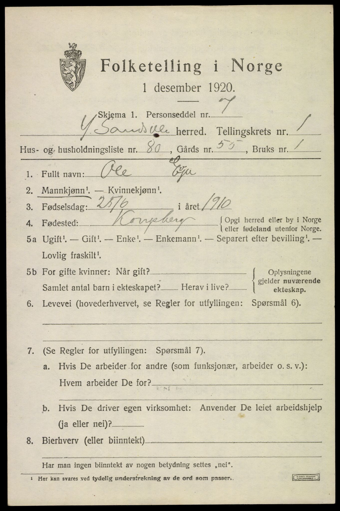 SAKO, 1920 census for Ytre Sandsvær, 1920, p. 2052