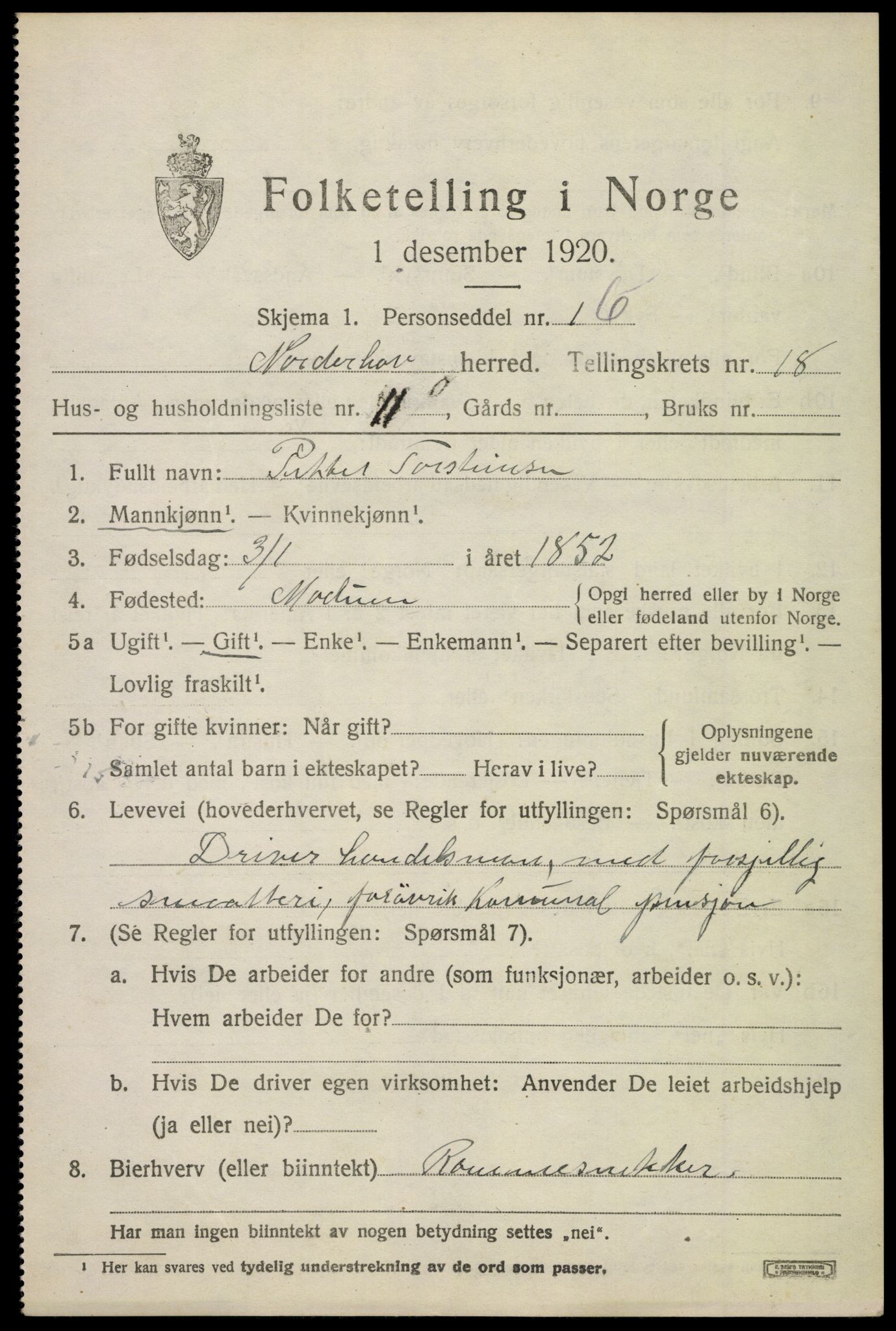 SAKO, 1920 census for Norderhov, 1920, p. 19748