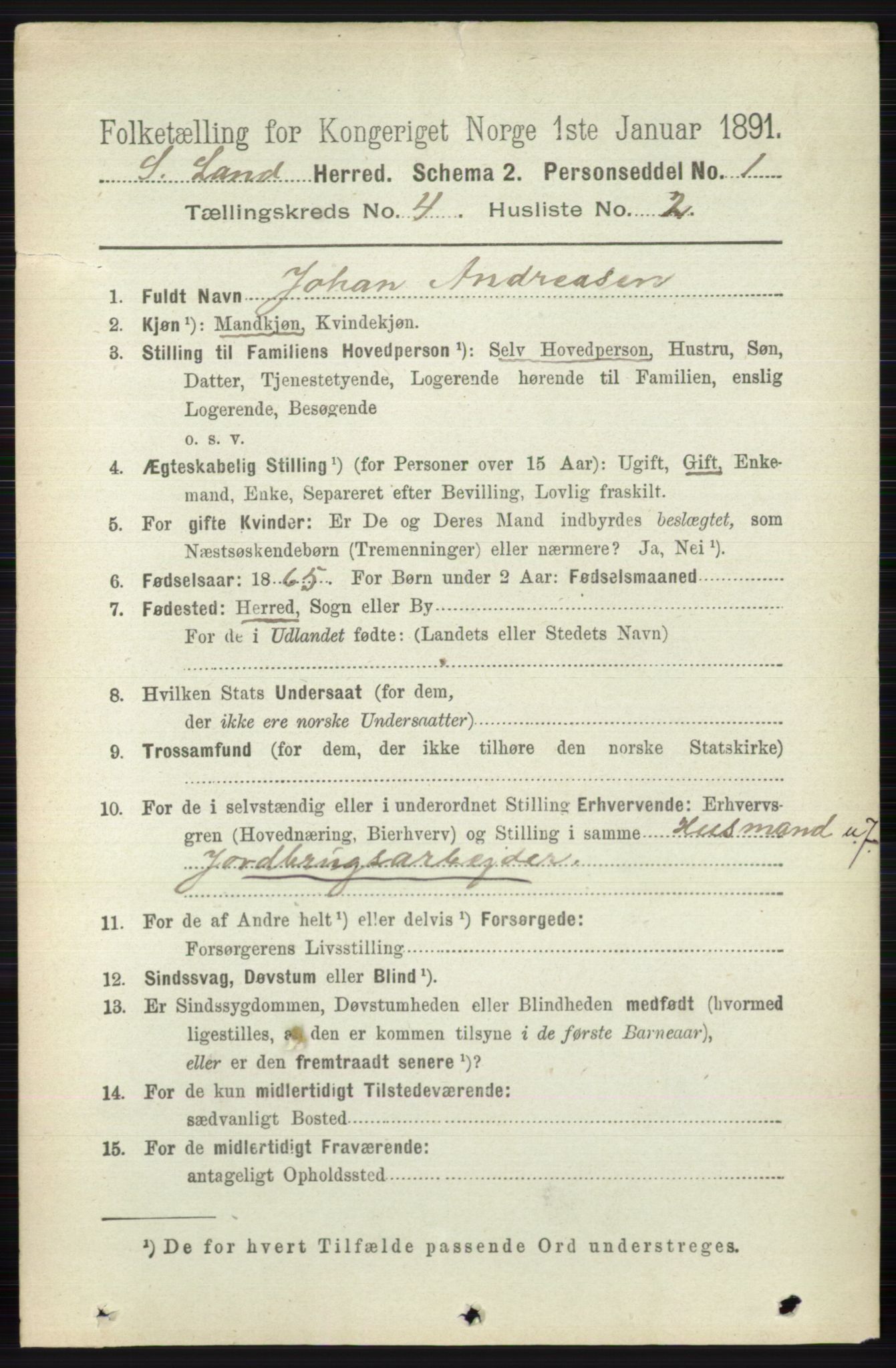 RA, 1891 census for 0536 Søndre Land, 1891, p. 3996