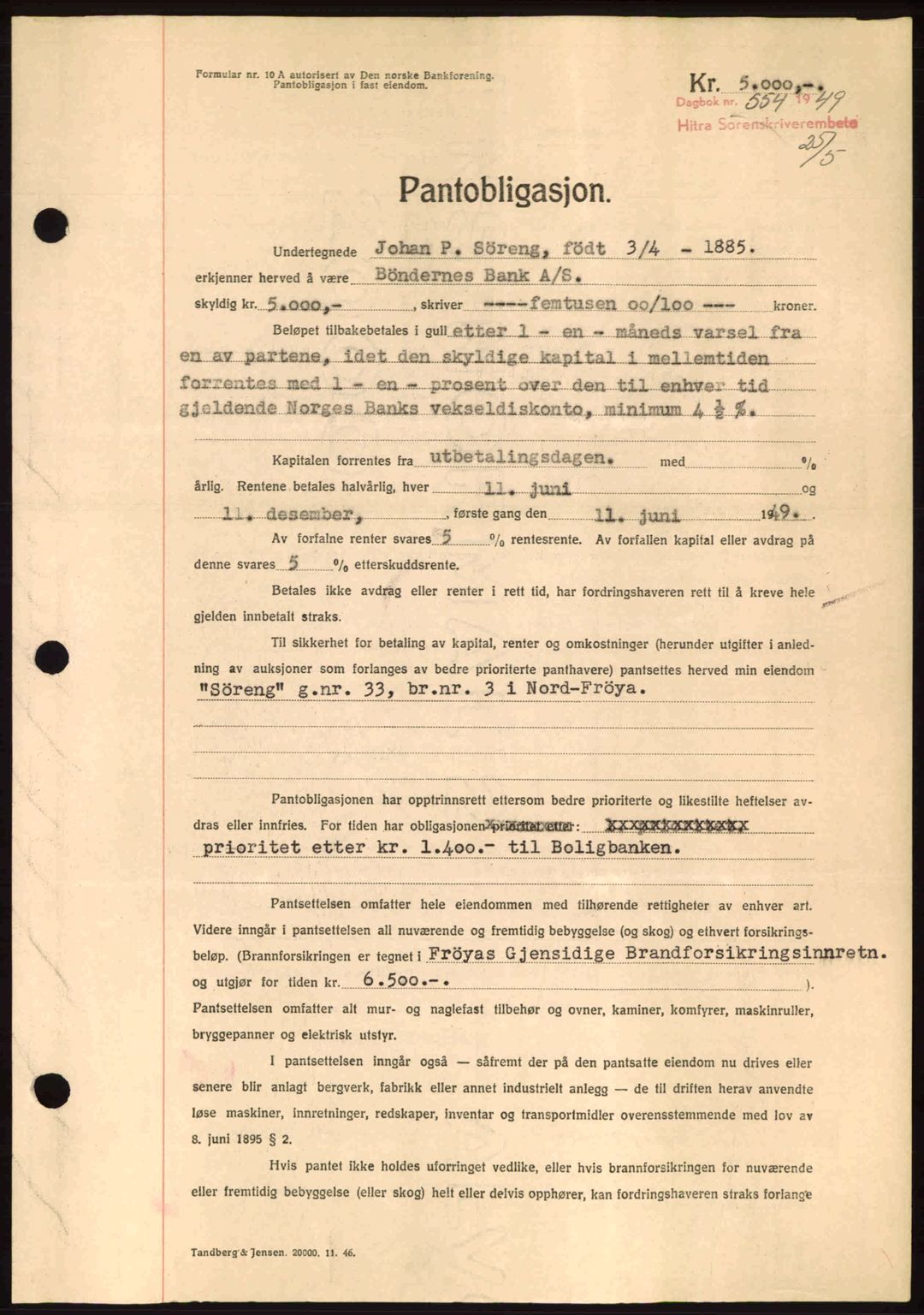 Hitra sorenskriveri, AV/SAT-A-0018/2/2C/2Ca: Mortgage book no. B1, 1939-1949, Diary no: : 554/1949