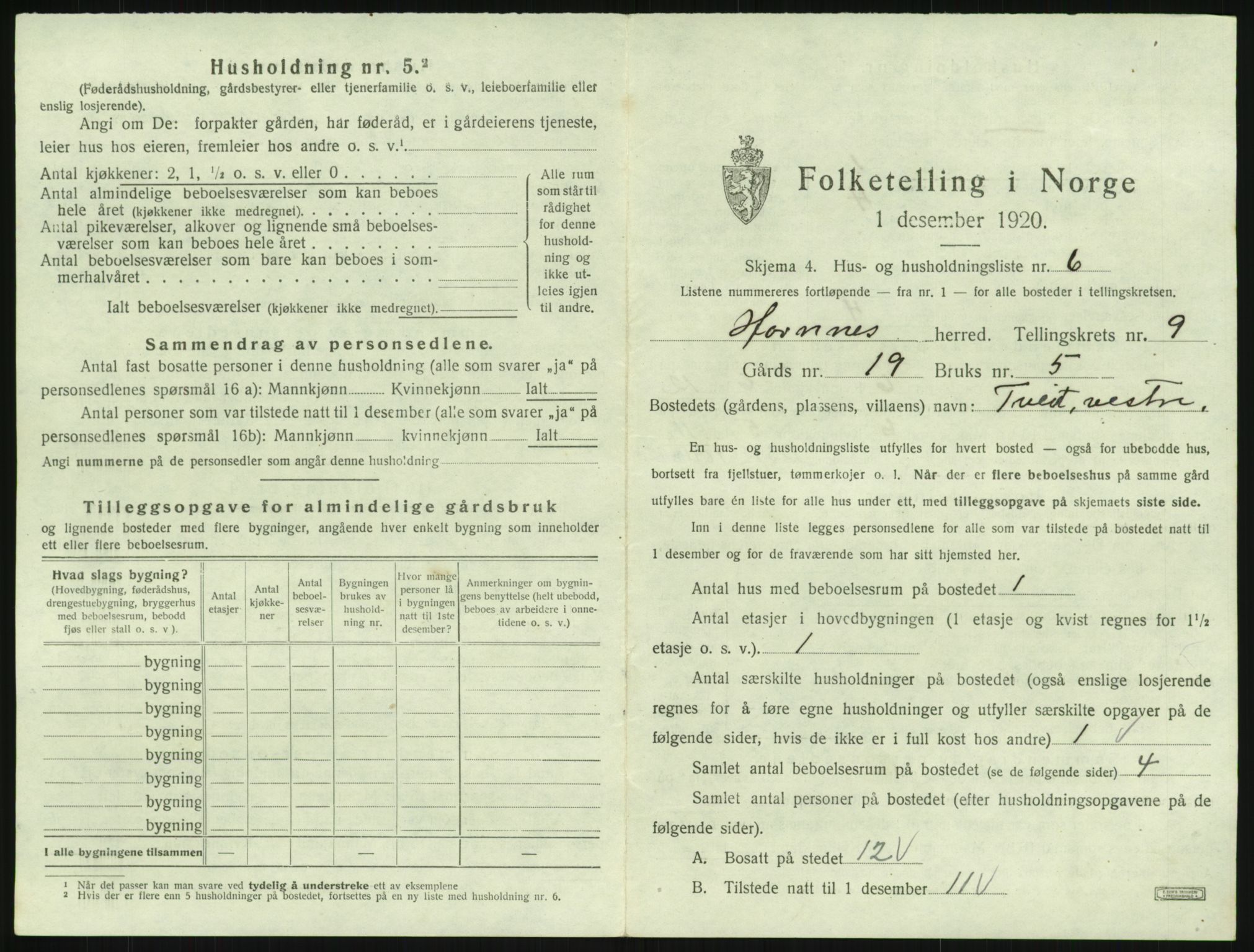 SAK, 1920 census for Hornnes, 1920, p. 361