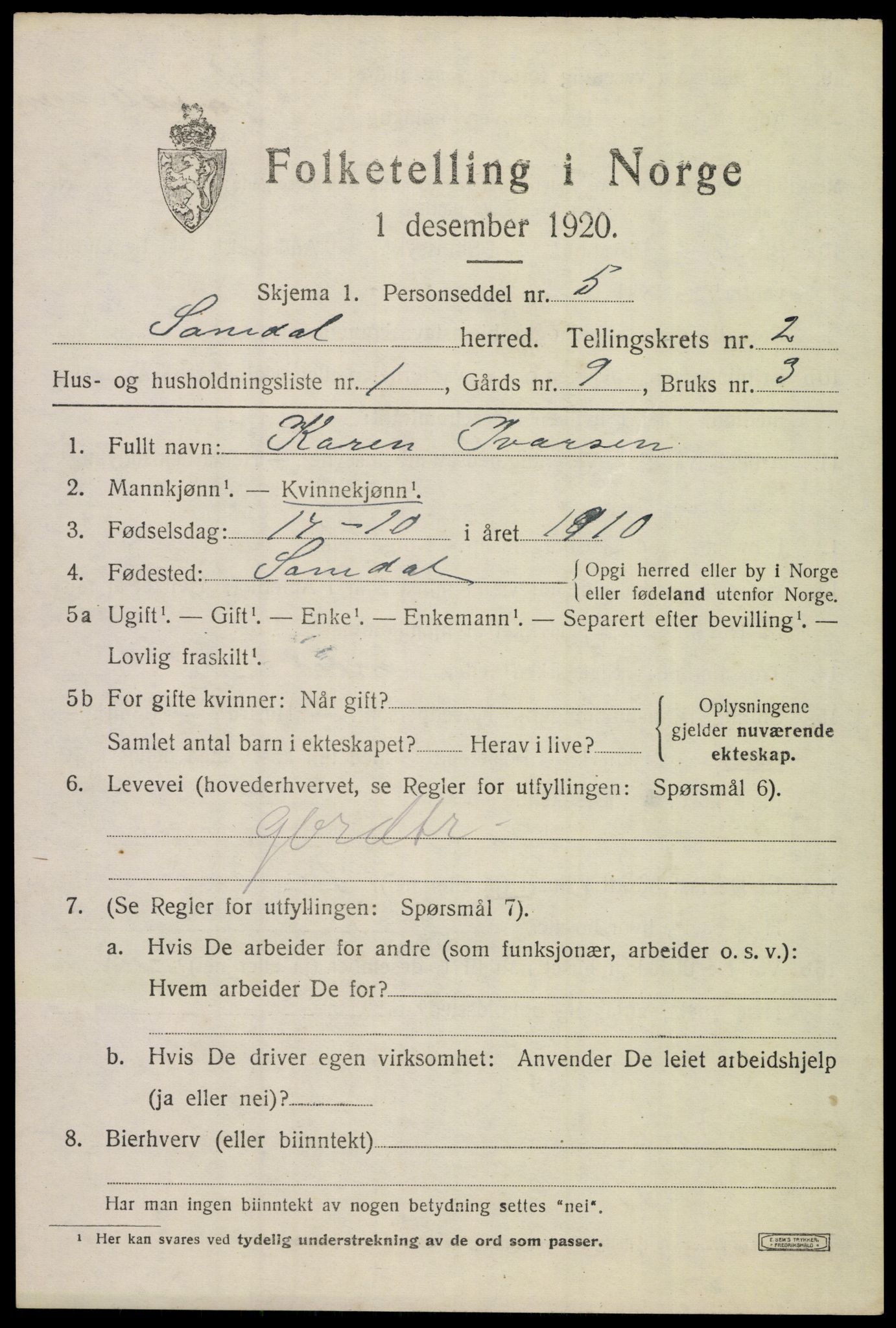 SAKO, 1920 census for Sannidal, 1920, p. 1651