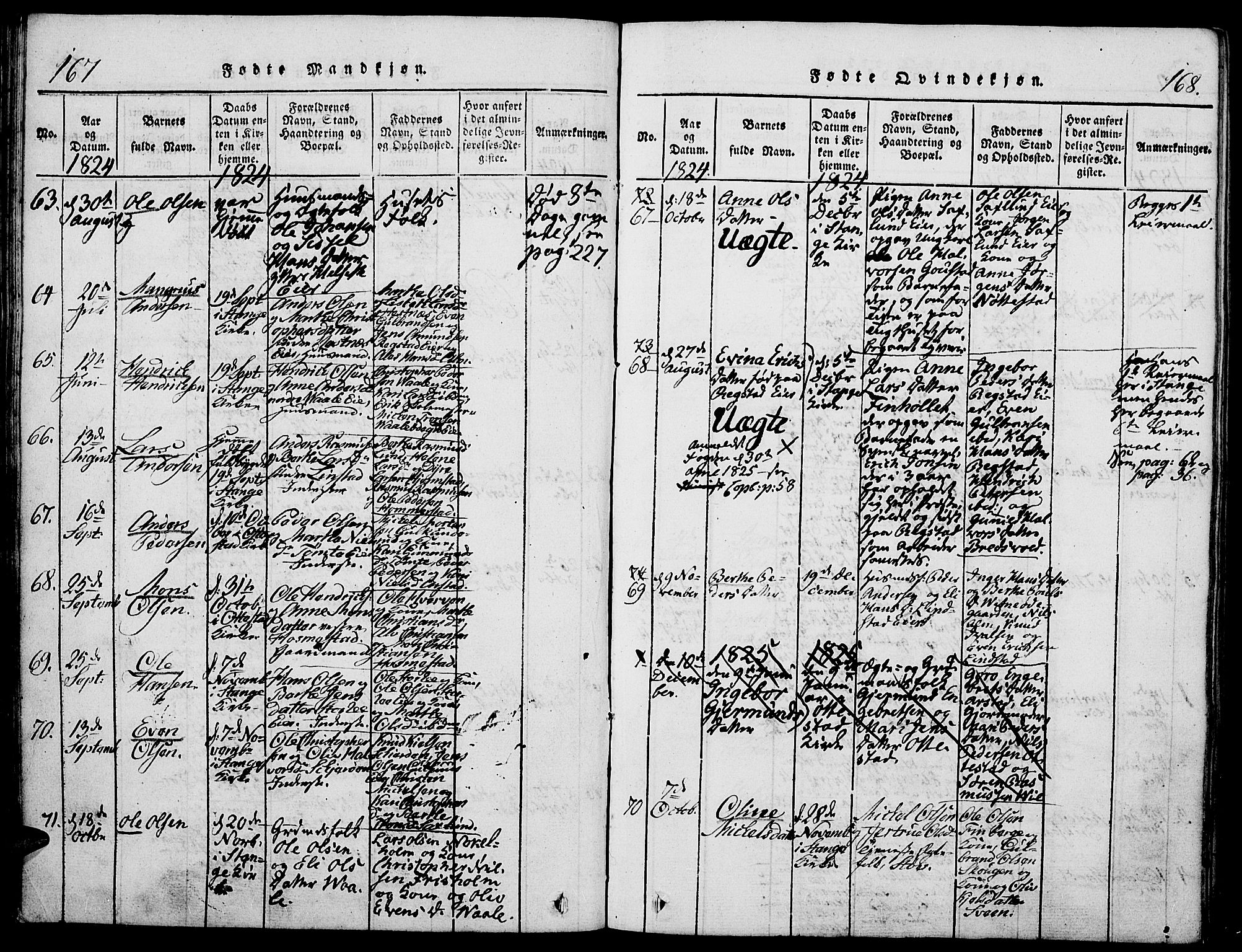 Stange prestekontor, AV/SAH-PREST-002/K/L0008: Parish register (official) no. 8, 1814-1825, p. 167-168