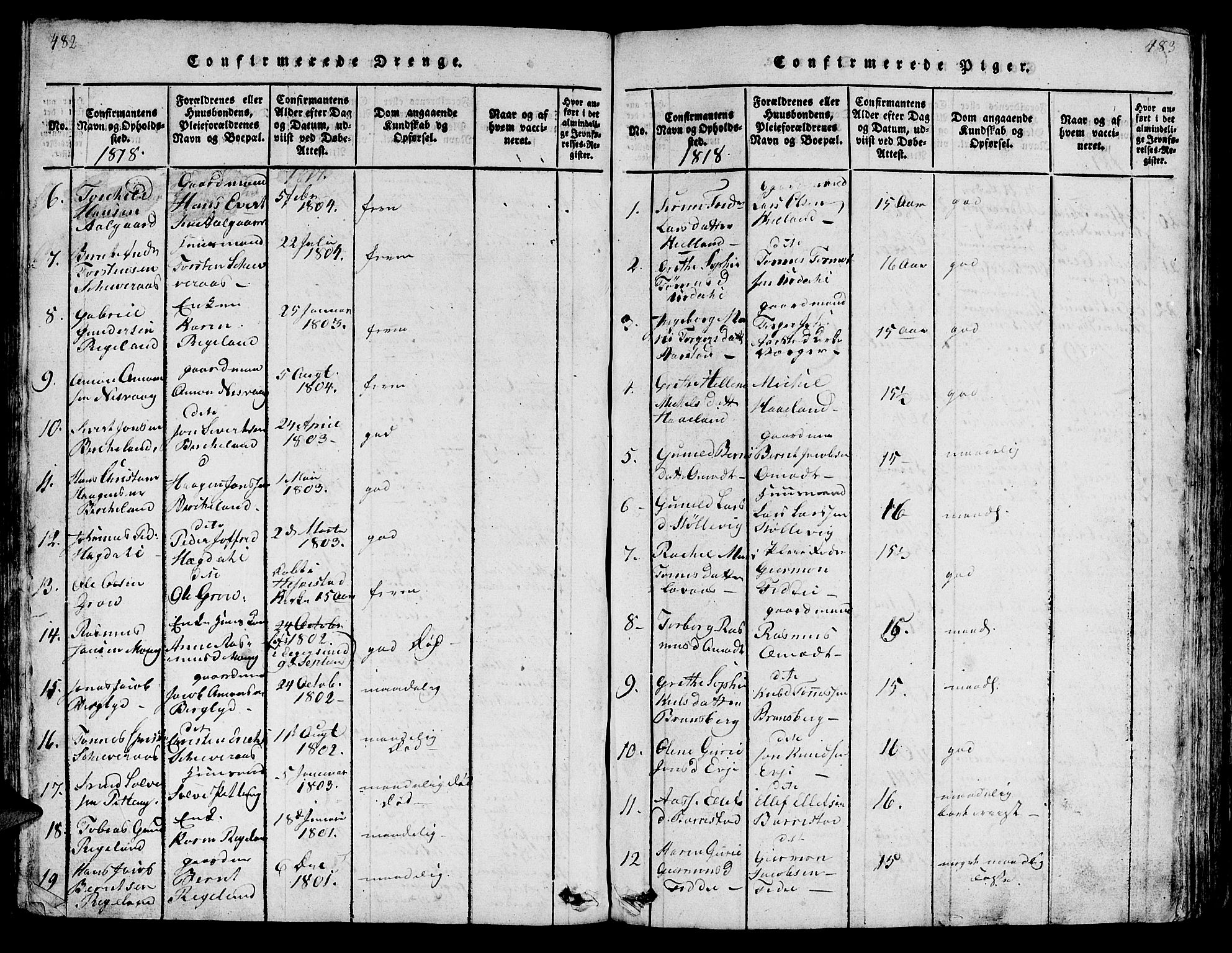 Sokndal sokneprestkontor, AV/SAST-A-101808: Parish register (copy) no. B 1, 1815-1848, p. 482-483