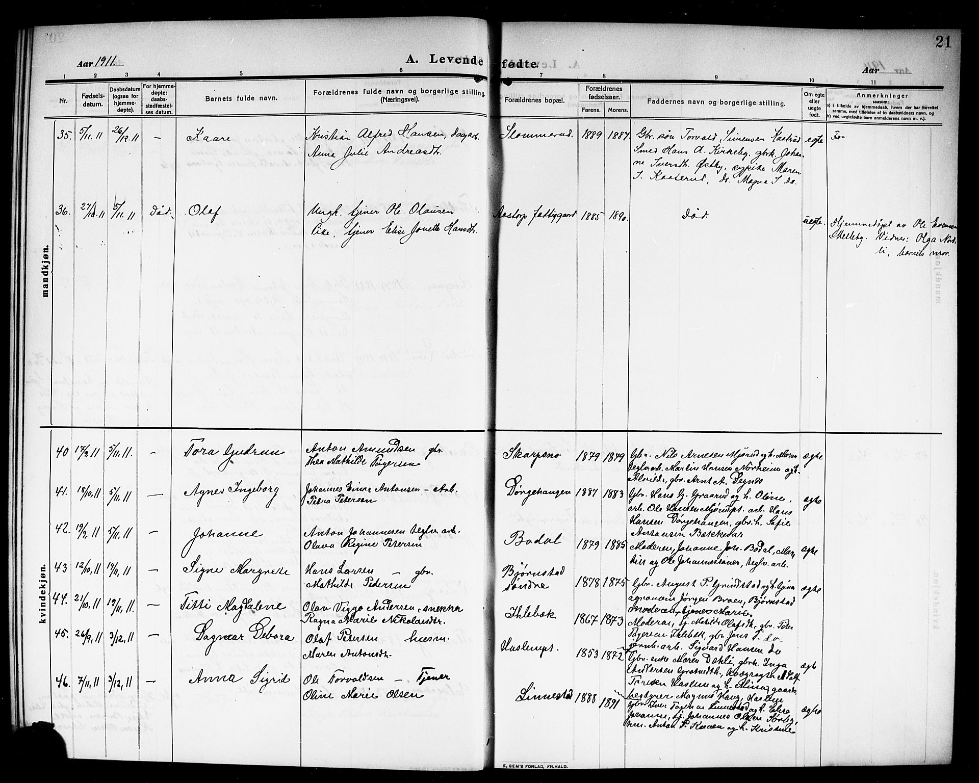 Rakkestad prestekontor Kirkebøker, AV/SAO-A-2008/G/Ga/L0001: Parish register (copy) no. I 1, 1909-1920, p. 21
