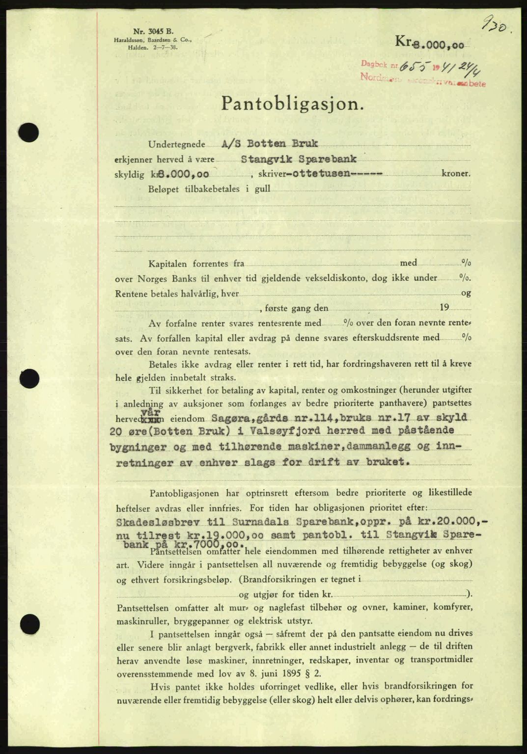 Nordmøre sorenskriveri, AV/SAT-A-4132/1/2/2Ca: Mortgage book no. B87, 1940-1941, Diary no: : 655/1941