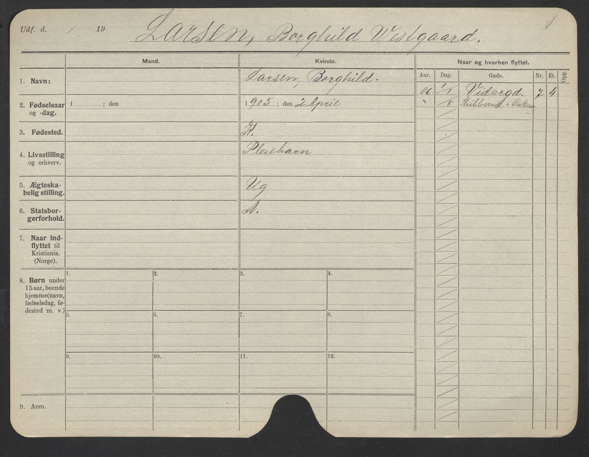 Oslo folkeregister, Registerkort, AV/SAO-A-11715/F/Fa/Fac/L0019: Kvinner, 1906-1914, p. 843a