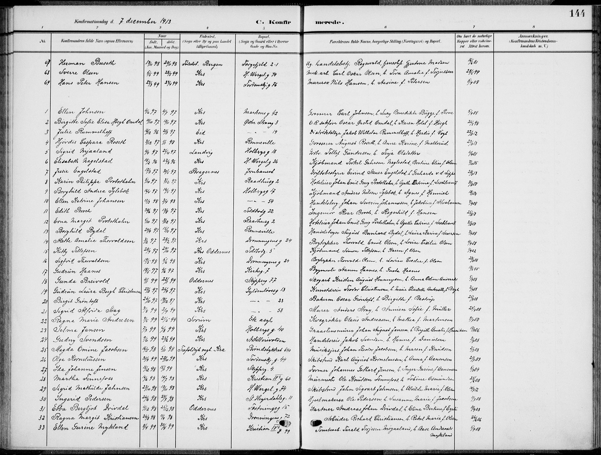 Kristiansand domprosti, AV/SAK-1112-0006/F/Fa/L0022: Parish register (official) no. A 21, 1905-1916, p. 144