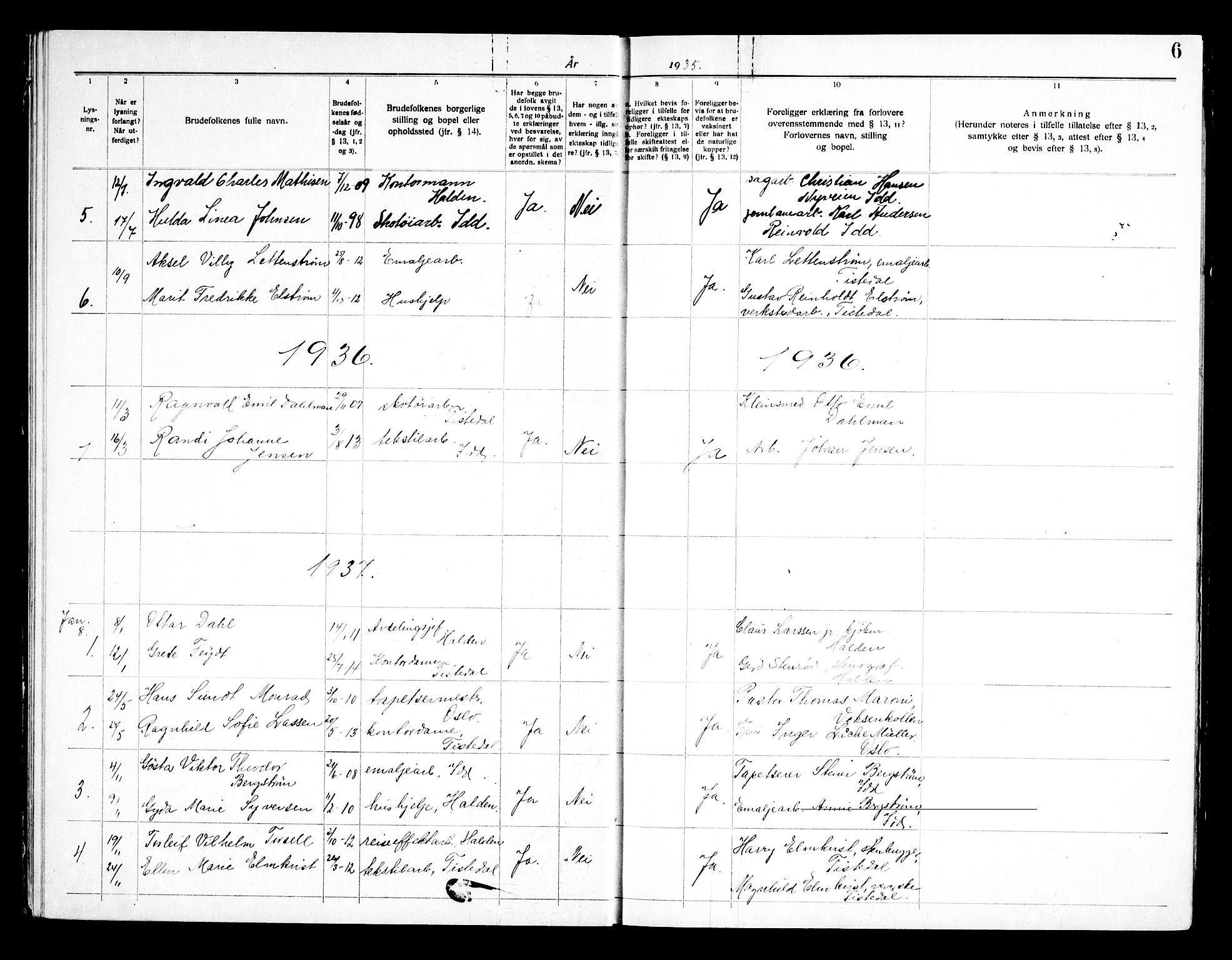 Halden prestekontor Kirkebøker, SAO/A-10909/H/Hb/L0001: Banns register no. II 1, 1919-1960, p. 6