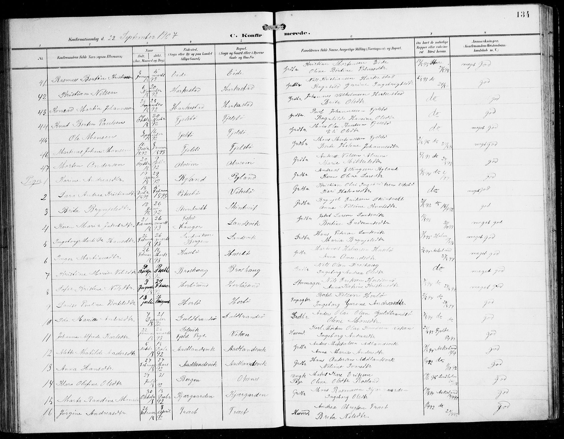 Herdla Sokneprestembete, AV/SAB-A-75701/H/Hab: Parish register (copy) no. C 1, 1900-1913, p. 134
