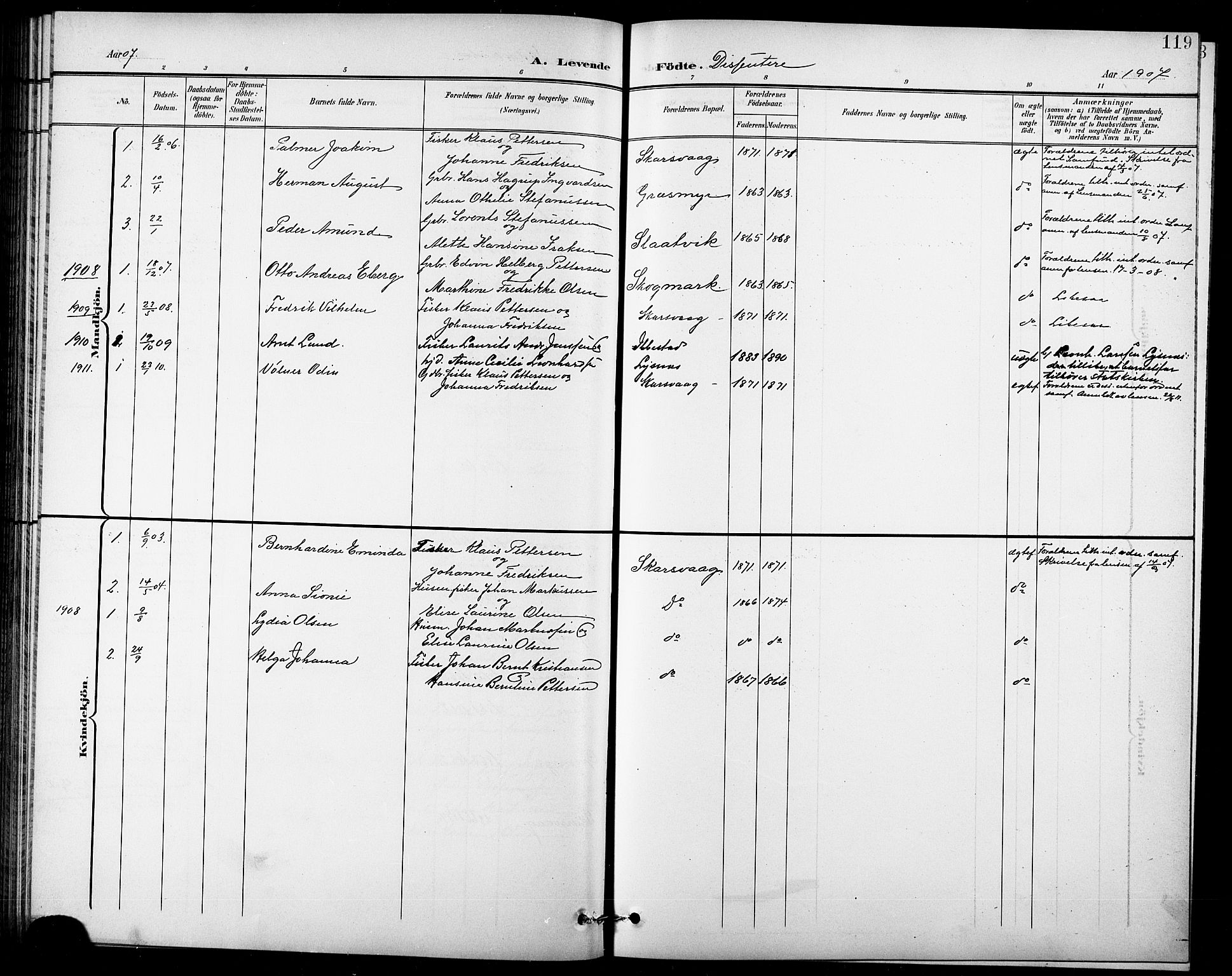 Lenvik sokneprestembete, SATØ/S-1310/H/Ha/Hab/L0008klokker: Parish register (copy) no. 8, 1899-1911, p. 119