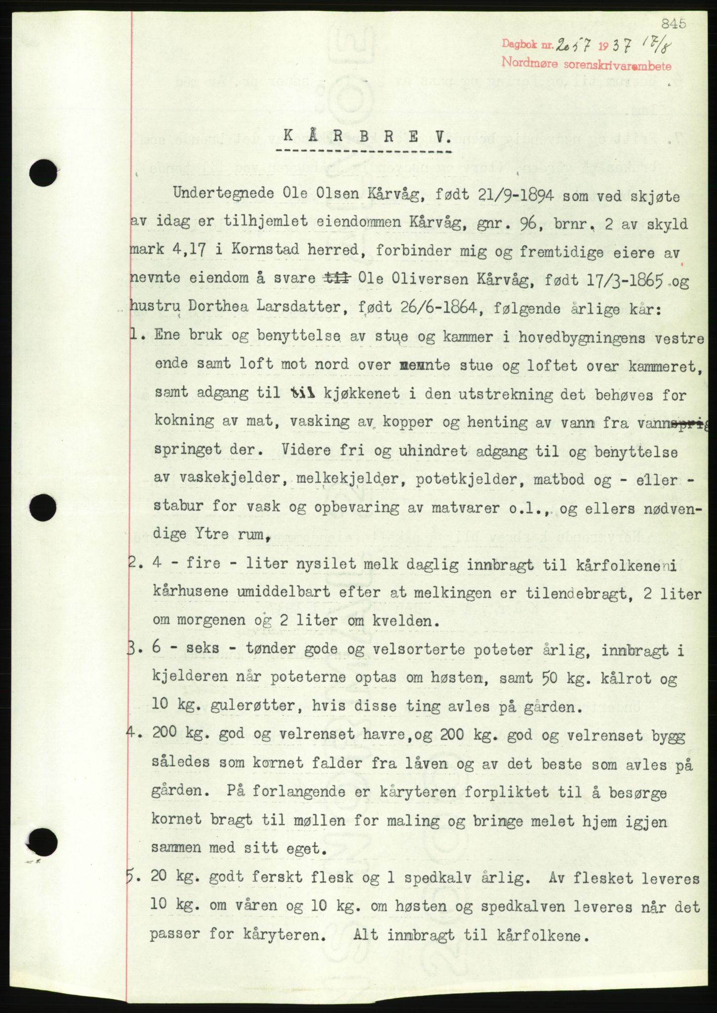 Nordmøre sorenskriveri, AV/SAT-A-4132/1/2/2Ca/L0091: Mortgage book no. B81, 1937-1937, Diary no: : 2057/1937