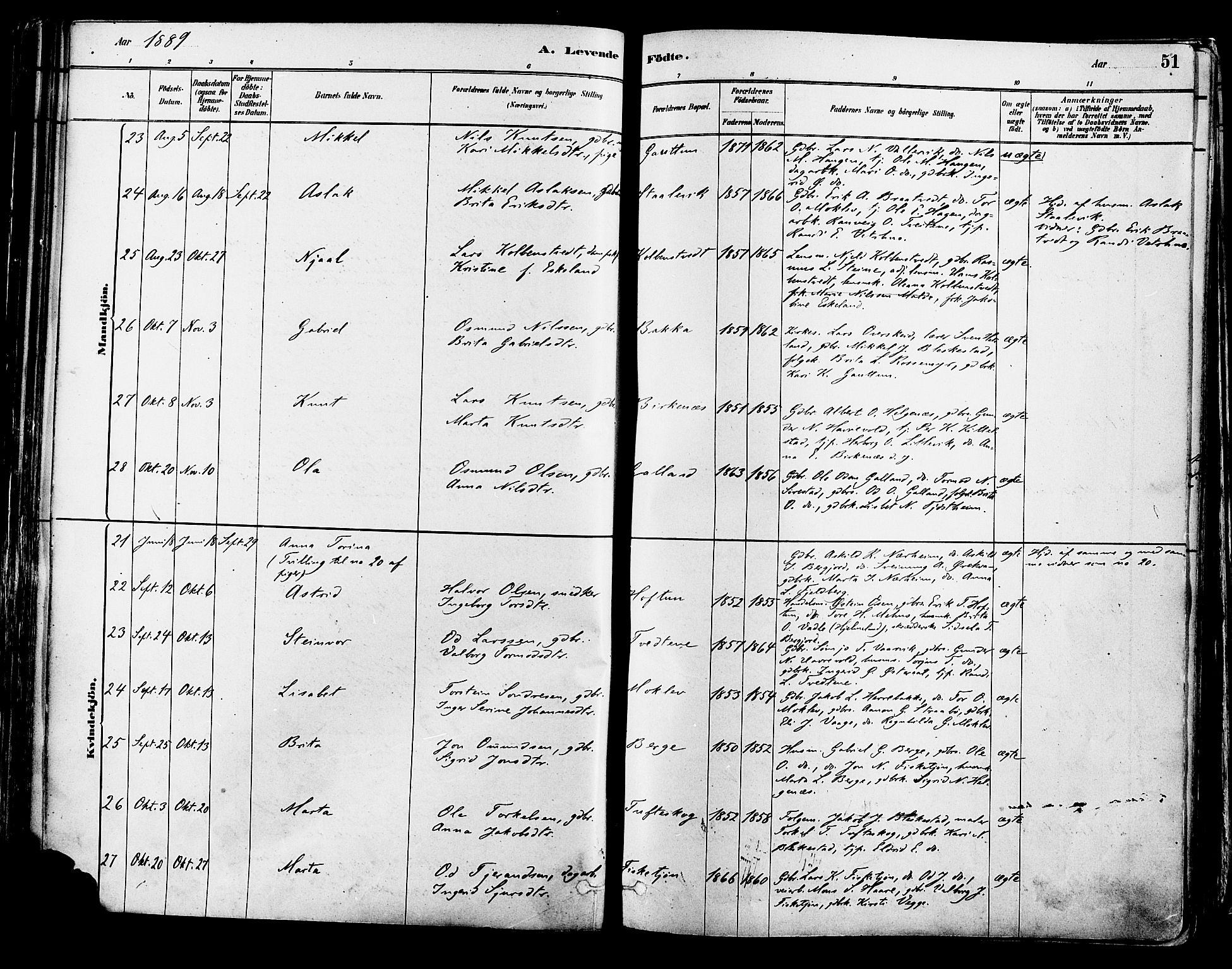 Suldal sokneprestkontor, AV/SAST-A-101845/01/IV/L0011: Parish register (official) no. A 11, 1878-1900, p. 51