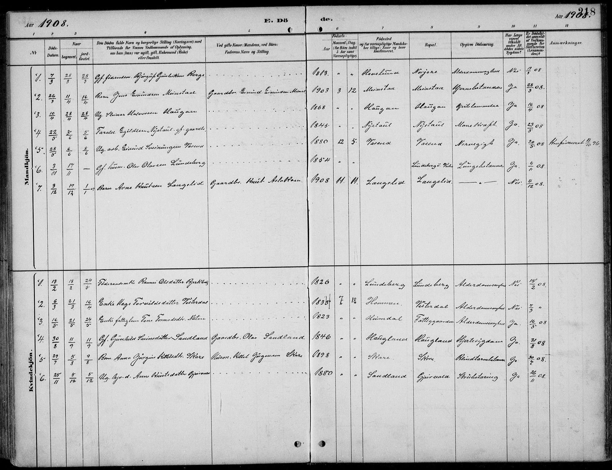 Kviteseid kirkebøker, SAKO/A-276/F/Fb/L0002: Parish register (official) no. II 2, 1882-1916, p. 218