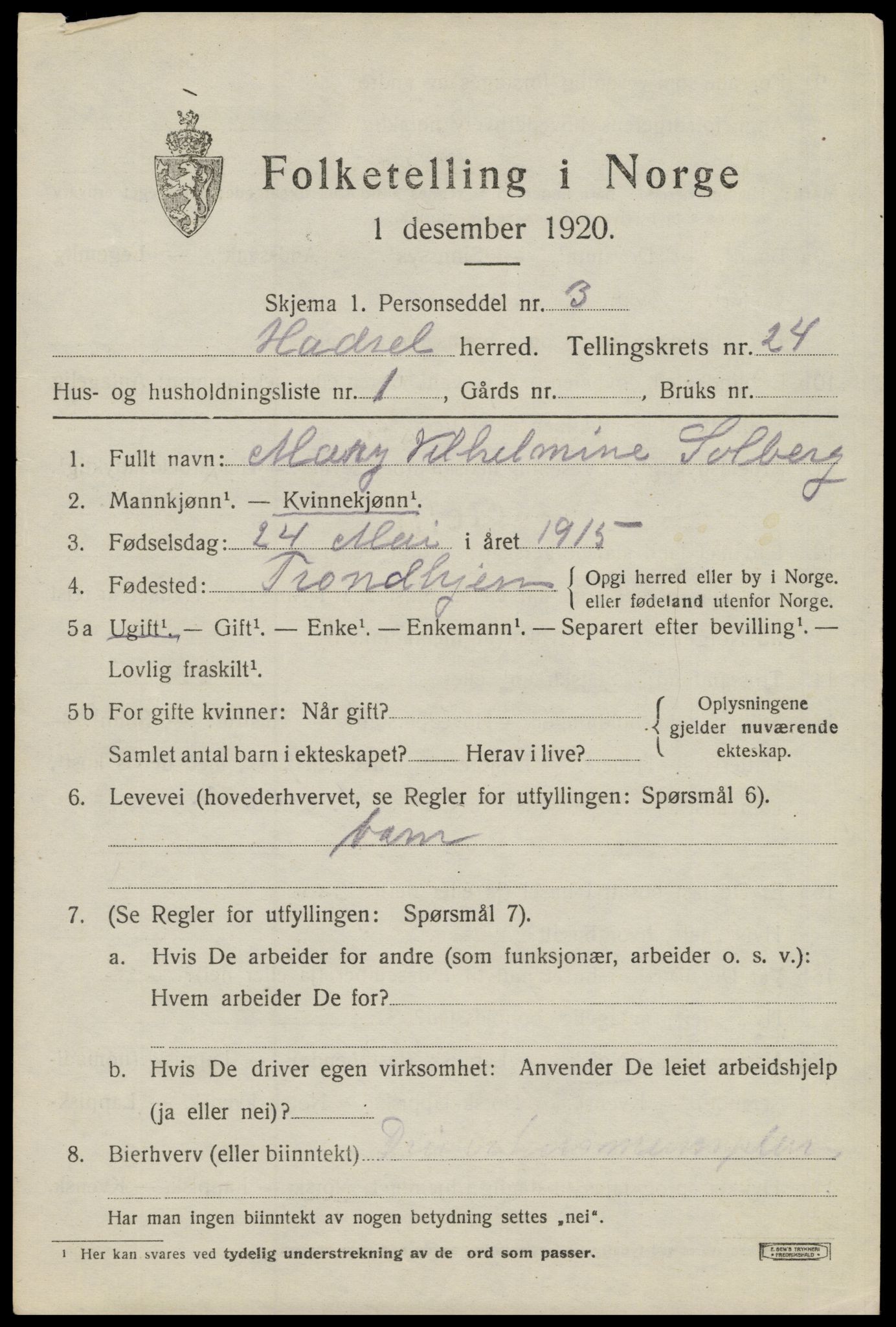 SAT, 1920 census for Hadsel, 1920, p. 21450