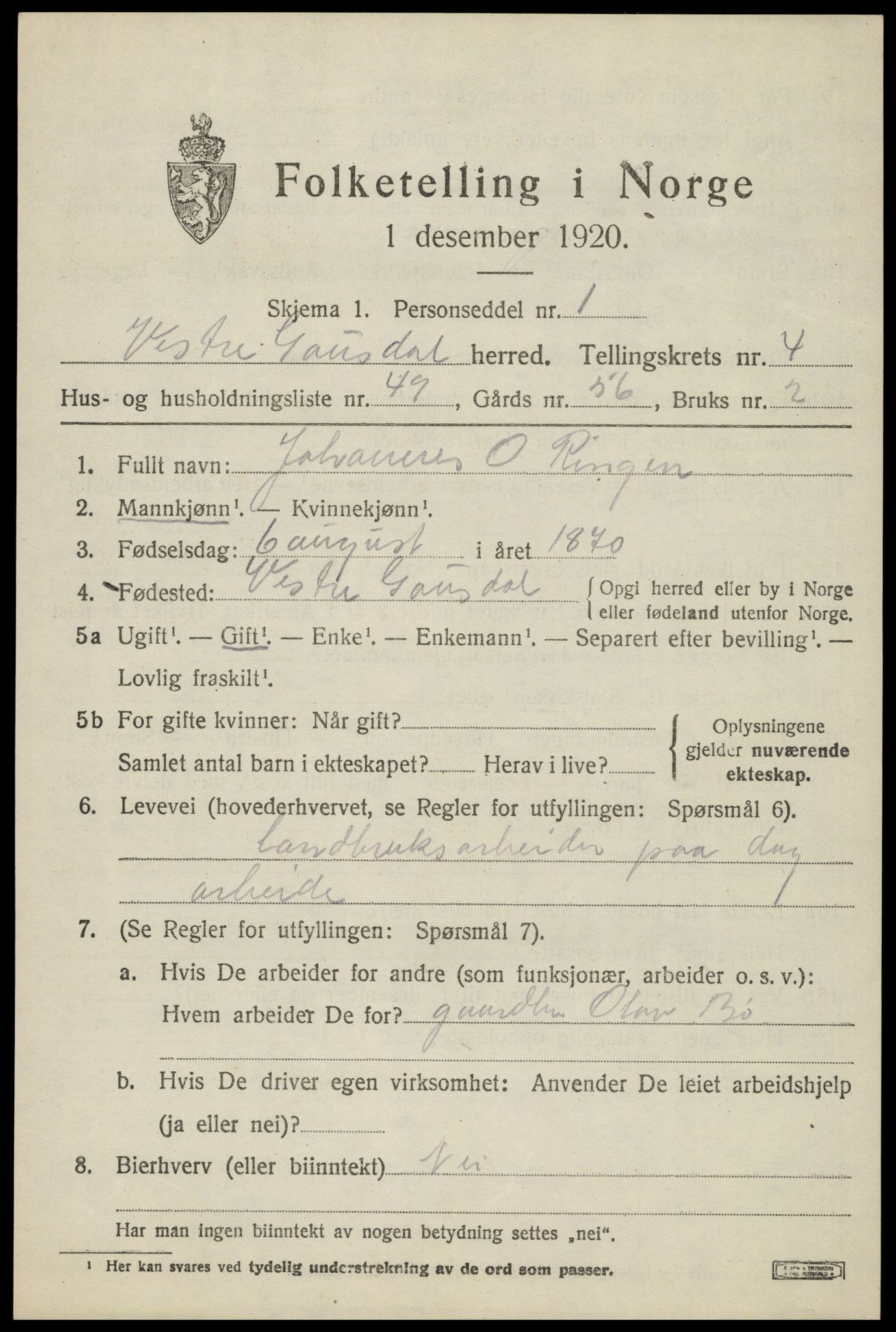 SAH, 1920 census for Vestre Gausdal, 1920, p. 3687