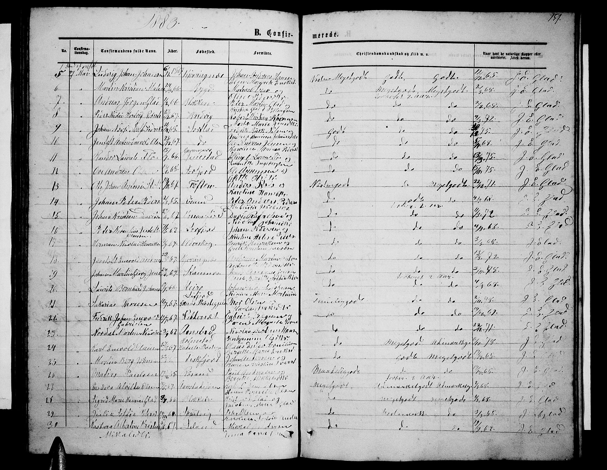 Ministerialprotokoller, klokkerbøker og fødselsregistre - Nordland, AV/SAT-A-1459/895/L1381: Parish register (copy) no. 895C03, 1864-1885, p. 157