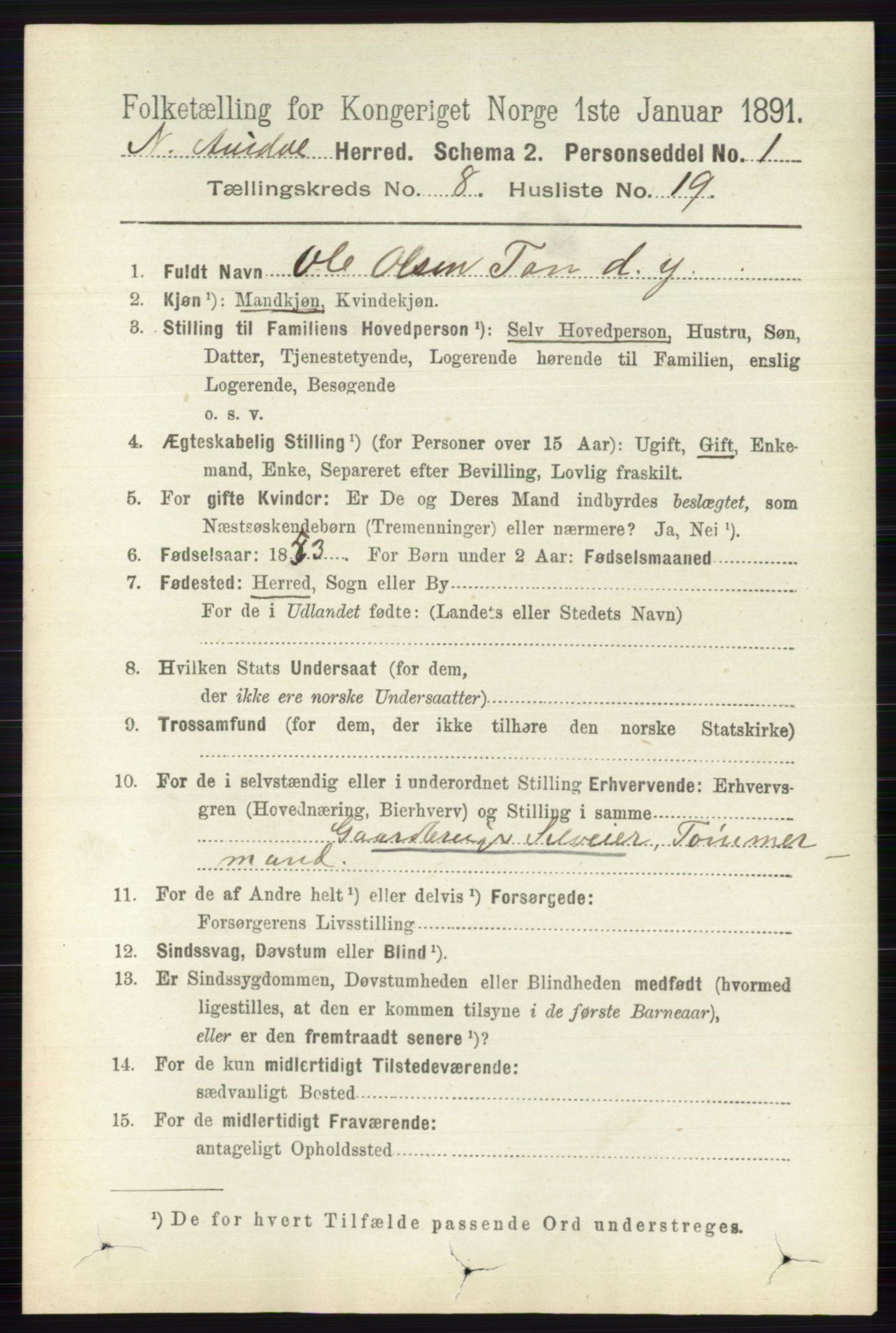 RA, 1891 census for 0542 Nord-Aurdal, 1891, p. 2910