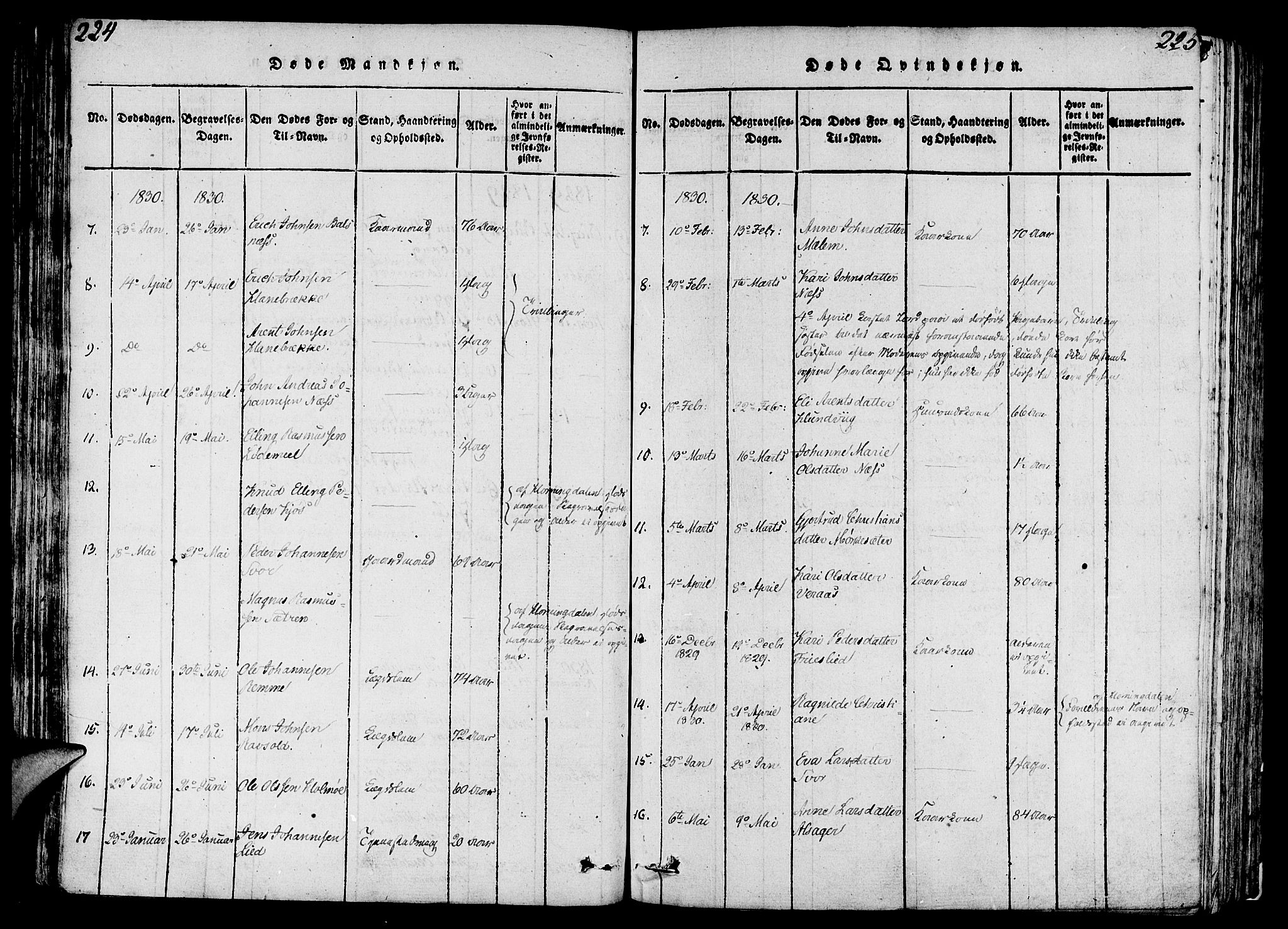 Eid sokneprestembete, AV/SAB-A-82301/H/Haa/Haaa/L0005: Parish register (official) no. A 5, 1816-1830, p. 224-225