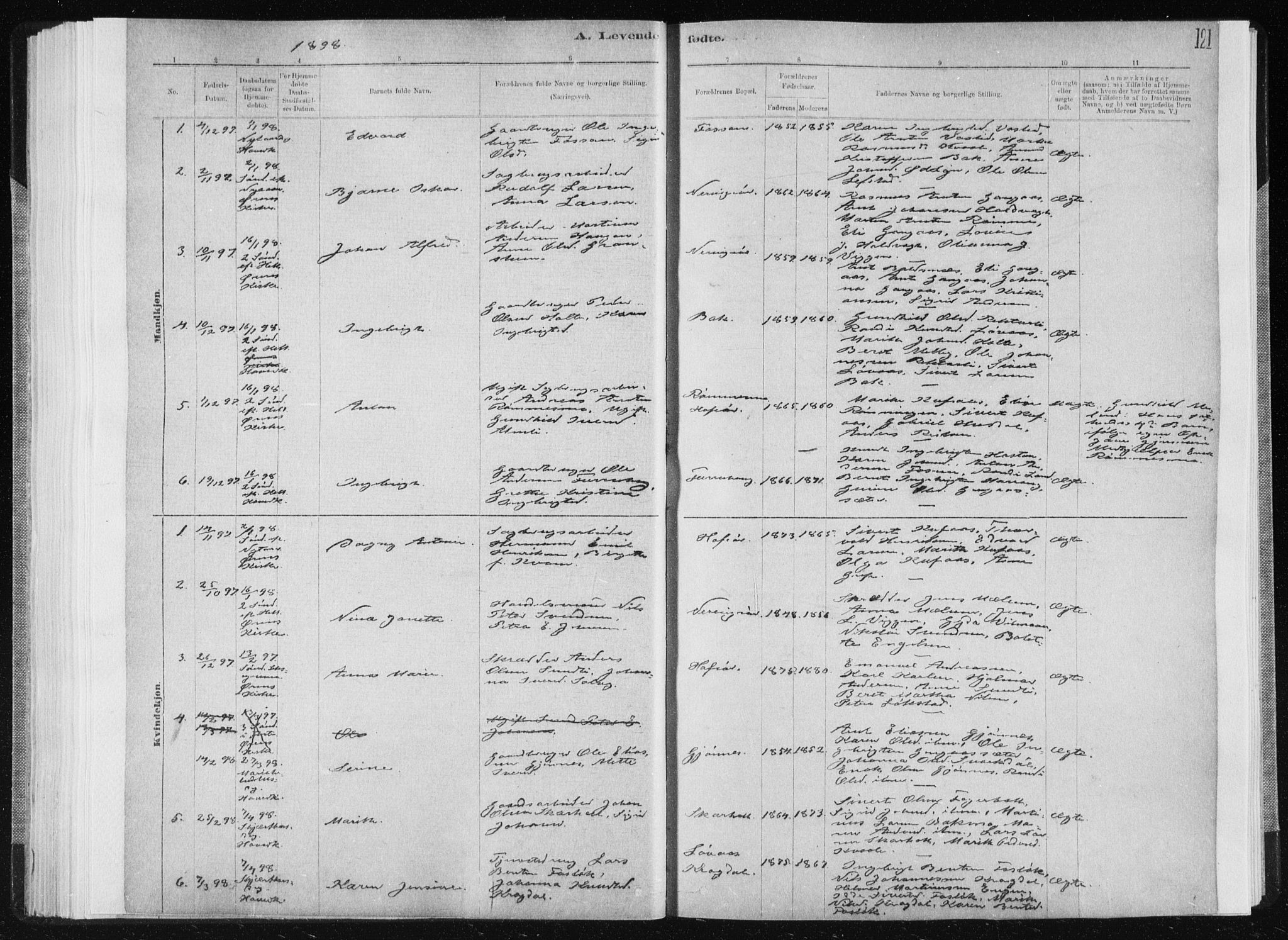 Ministerialprotokoller, klokkerbøker og fødselsregistre - Sør-Trøndelag, AV/SAT-A-1456/668/L0818: Parish register (copy) no. 668C07, 1885-1898, p. 121