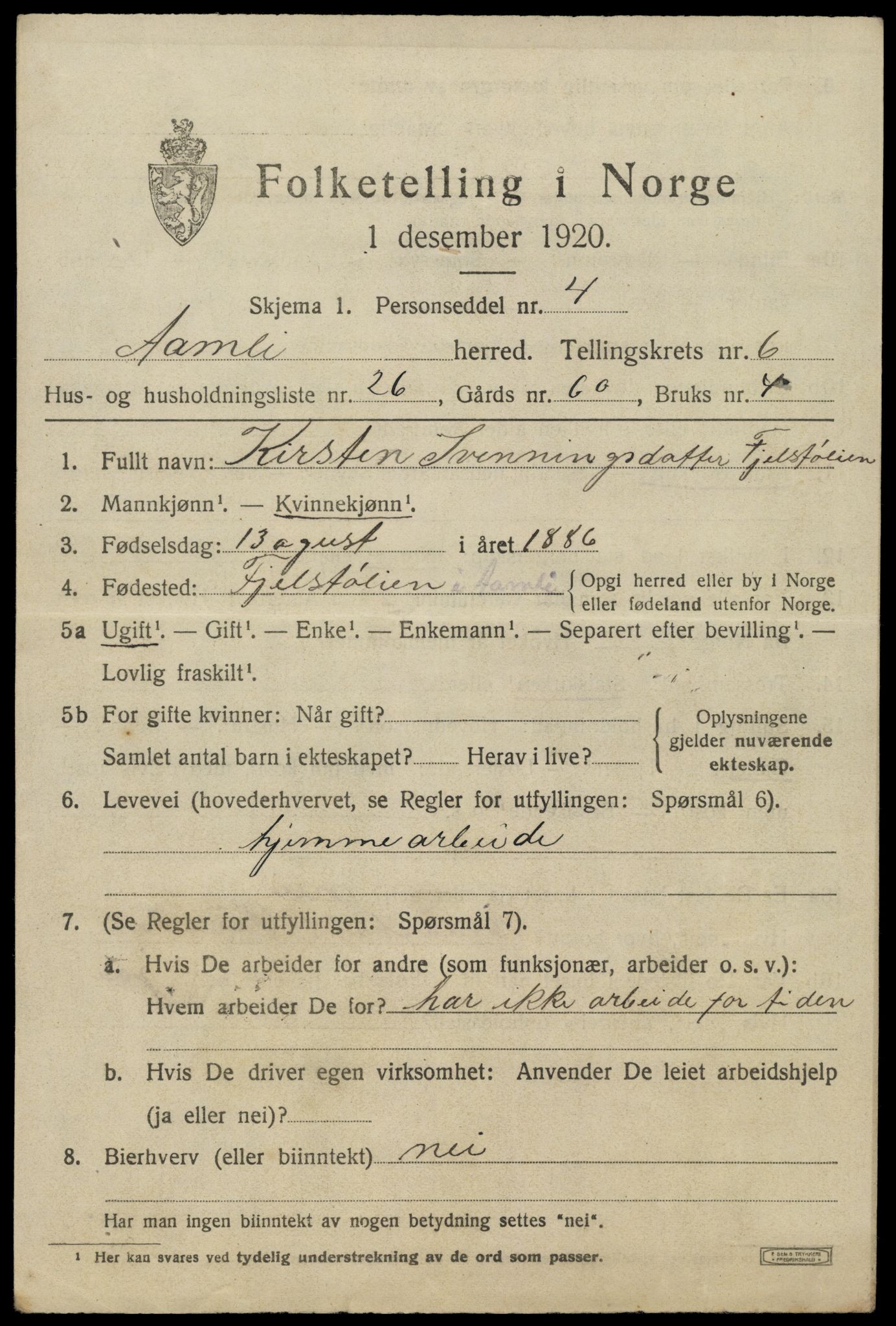SAK, 1920 census for Åmli, 1920, p. 2907