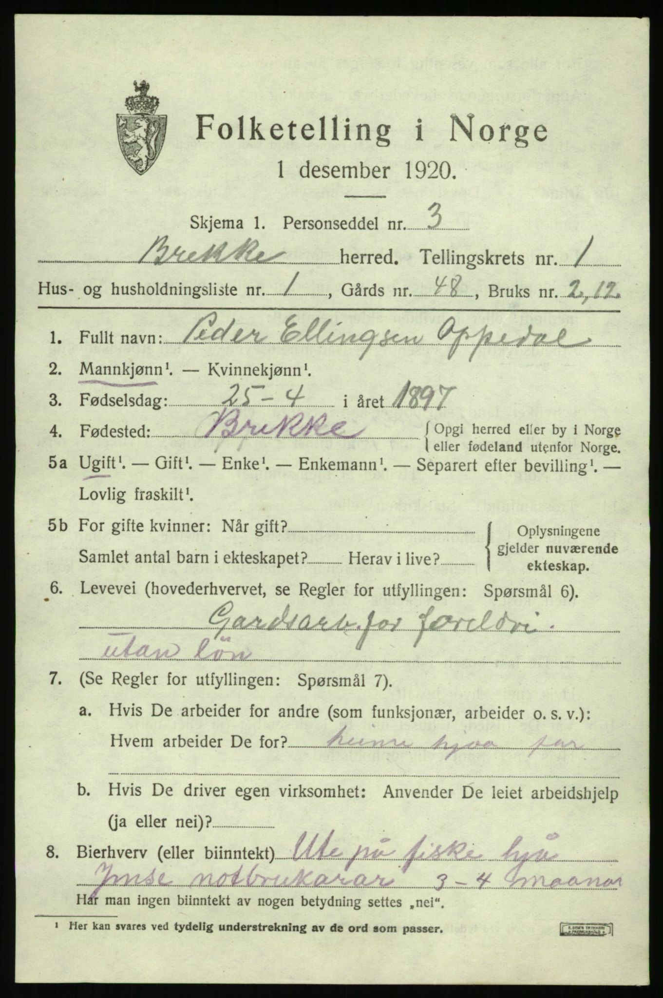 SAB, 1920 census for Brekke, 1920, p. 334