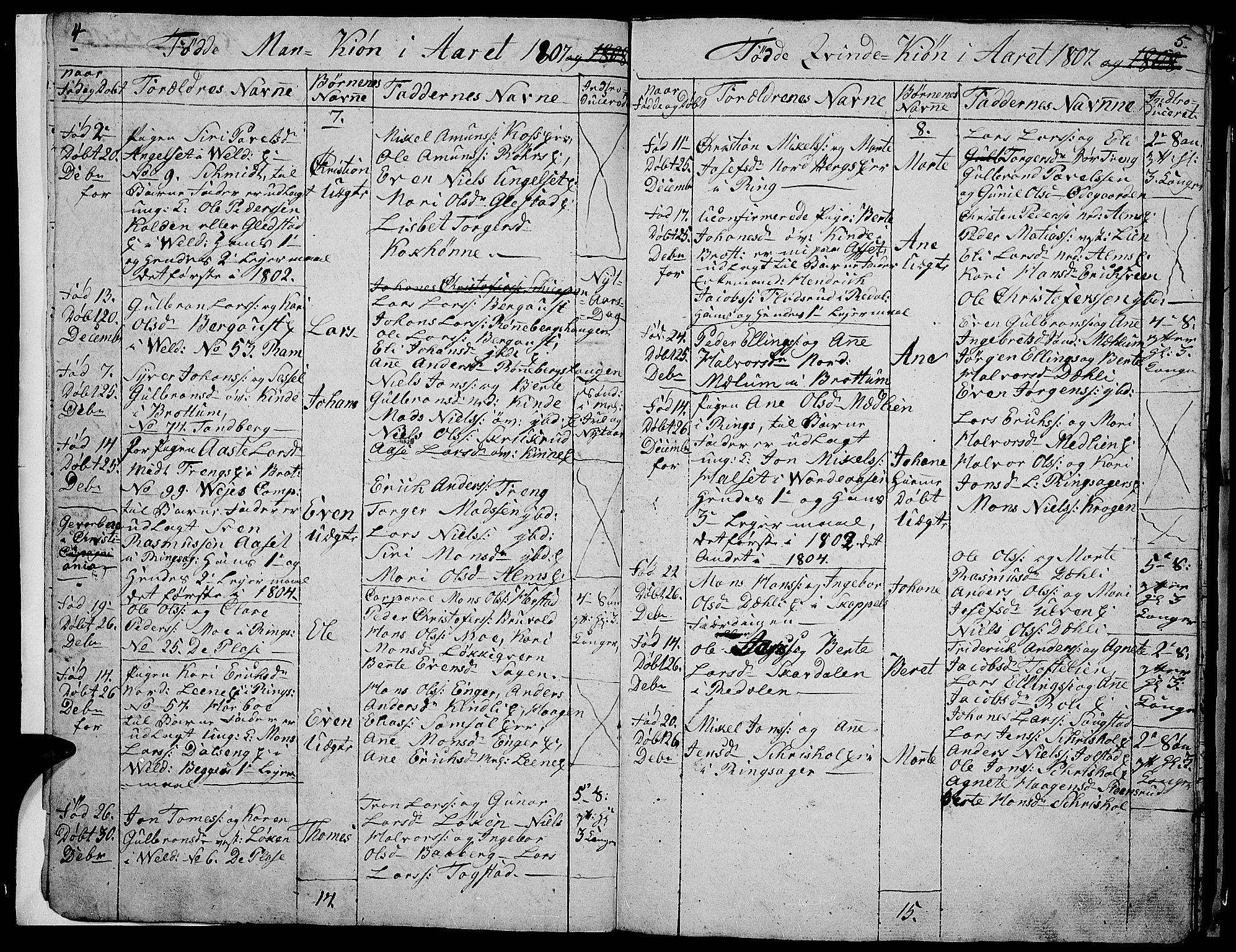 Ringsaker prestekontor, SAH/PREST-014/I/Ia/L0005/0008: Parish register draft no. 1H, 1807-1811, p. 4-5