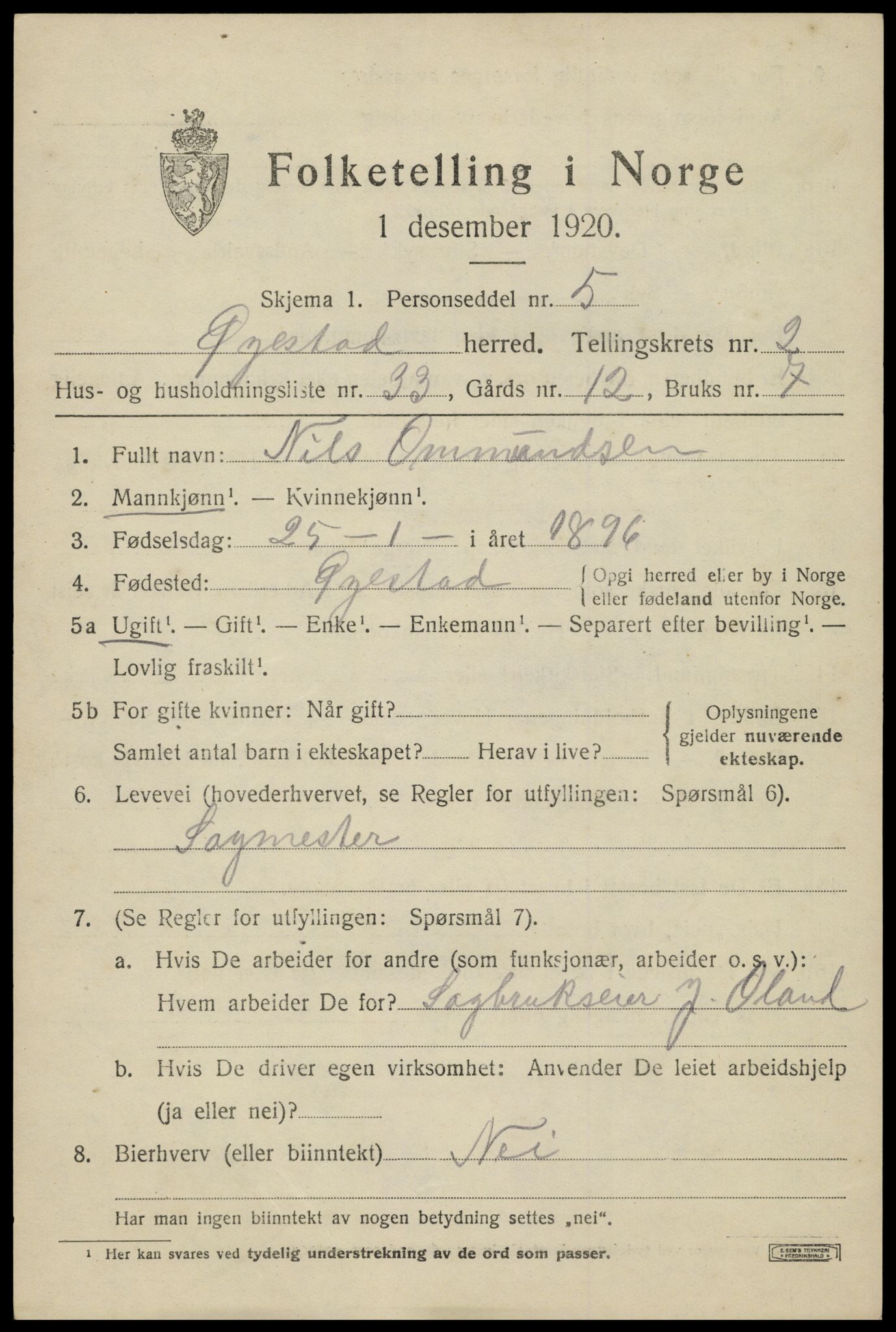 SAK, 1920 census for Øyestad, 1920, p. 2684