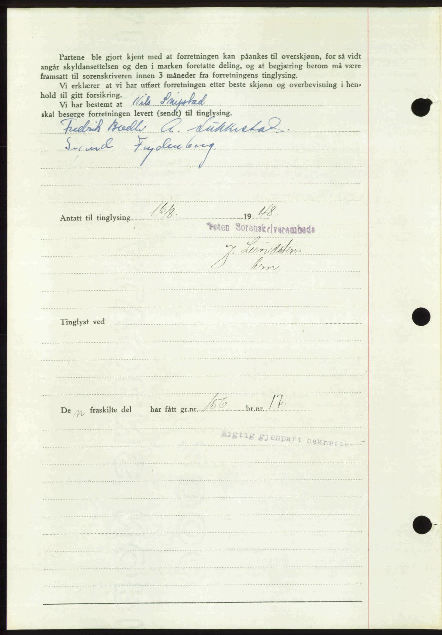 Toten tingrett, SAH/TING-006/H/Hb/Hbc/L0020: Mortgage book no. Hbc-20, 1948-1948, Diary no: : 2601/1948