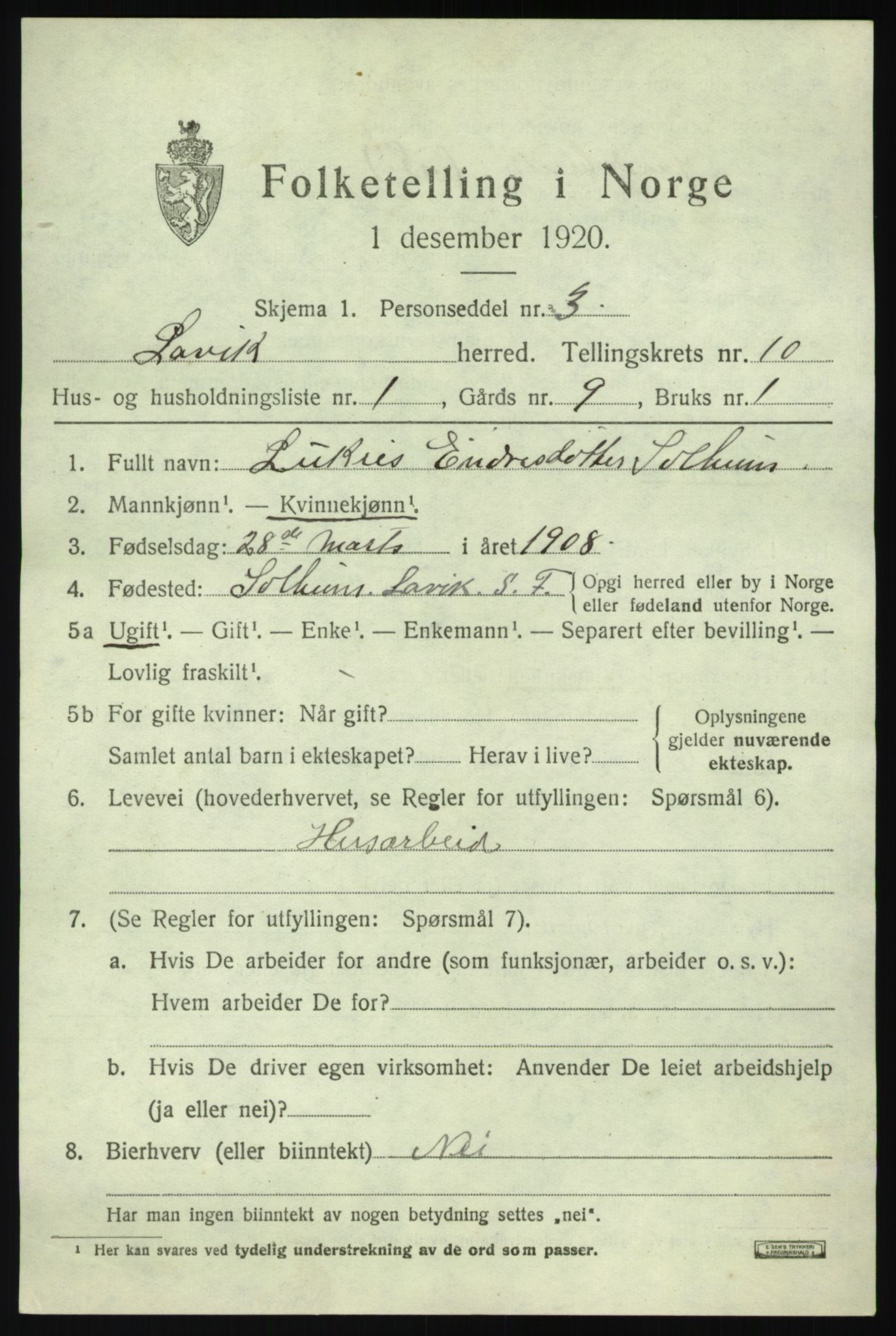 SAB, 1920 census for Lavik, 1920, p. 2268